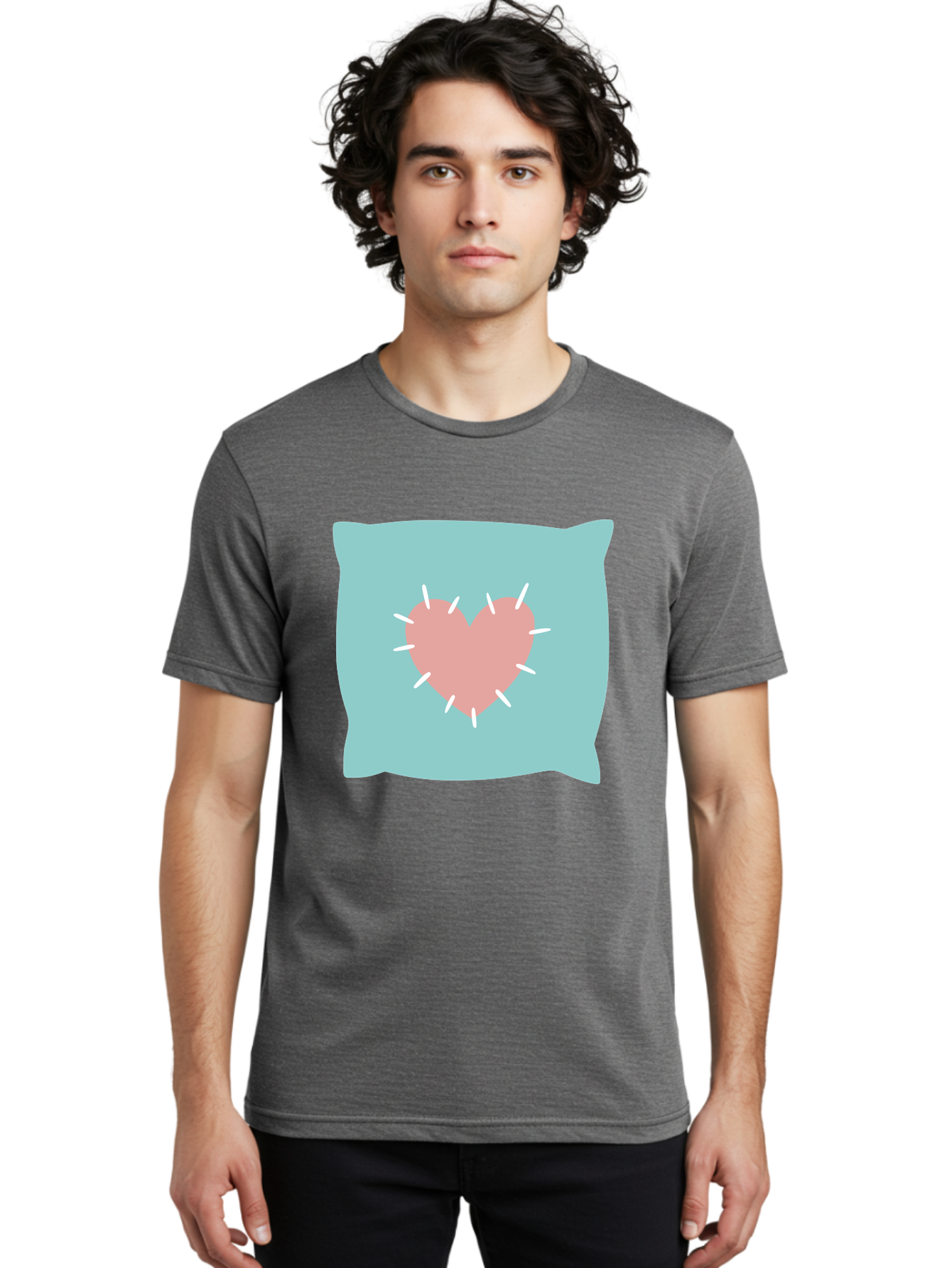 Pillow-With-Heart Men'S Graphic Tee, 100% Cotton, Comfortable Casual Summer Wear, Machine Washable, Pink Heart, Throw Pillow, Teal Background, White Accents, Home Decor, Love Symbol, Decorative Pillow, Heart Design, Cozy Atmosphere, Aac068