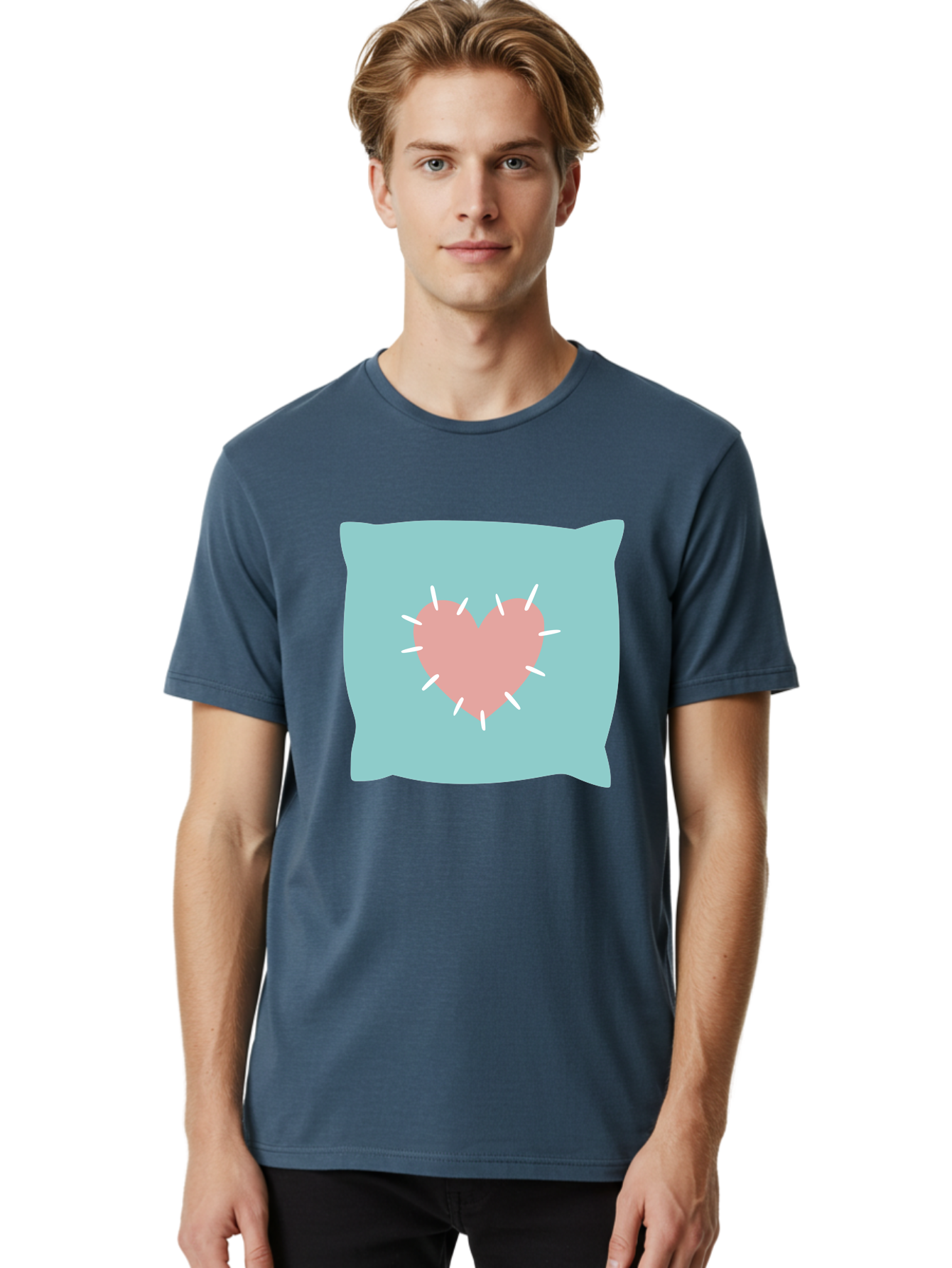Pillow-With-Heart Men'S Graphic Tee, 100% Cotton, Comfortable Casual Summer Wear, Machine Washable, Pink Heart, Throw Pillow, Teal Background, White Accents, Home Decor, Love Symbol, Decorative Pillow, Heart Design, Cozy Atmosphere, Aac068 18