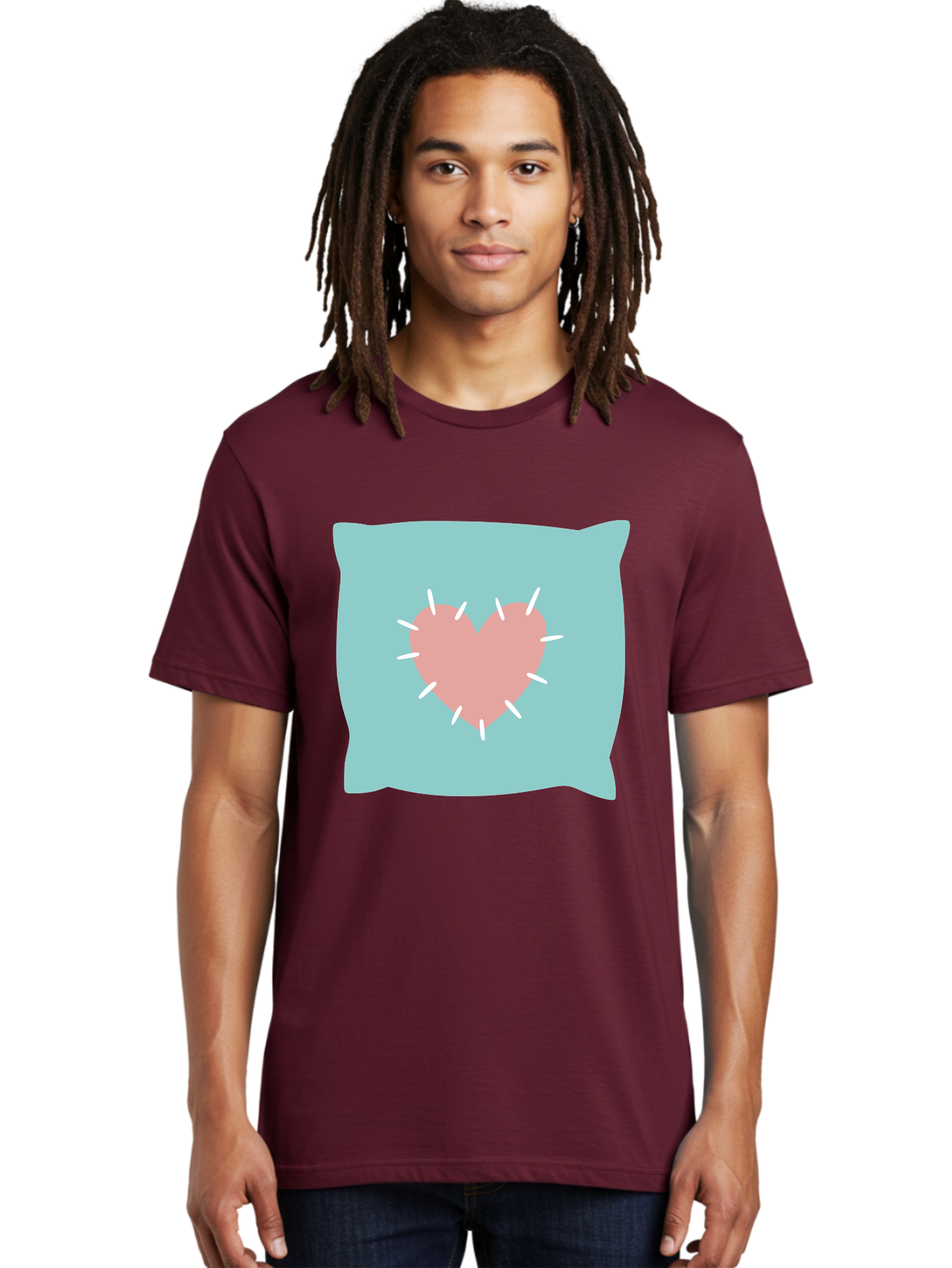 Pillow-With-Heart Men'S Graphic Tee, 100% Cotton, Comfortable Casual Summer Wear, Machine Washable, Pink Heart, Throw Pillow, Teal Background, White Accents, Home Decor, Love Symbol, Decorative Pillow, Heart Design, Cozy Atmosphere, Aac068 26