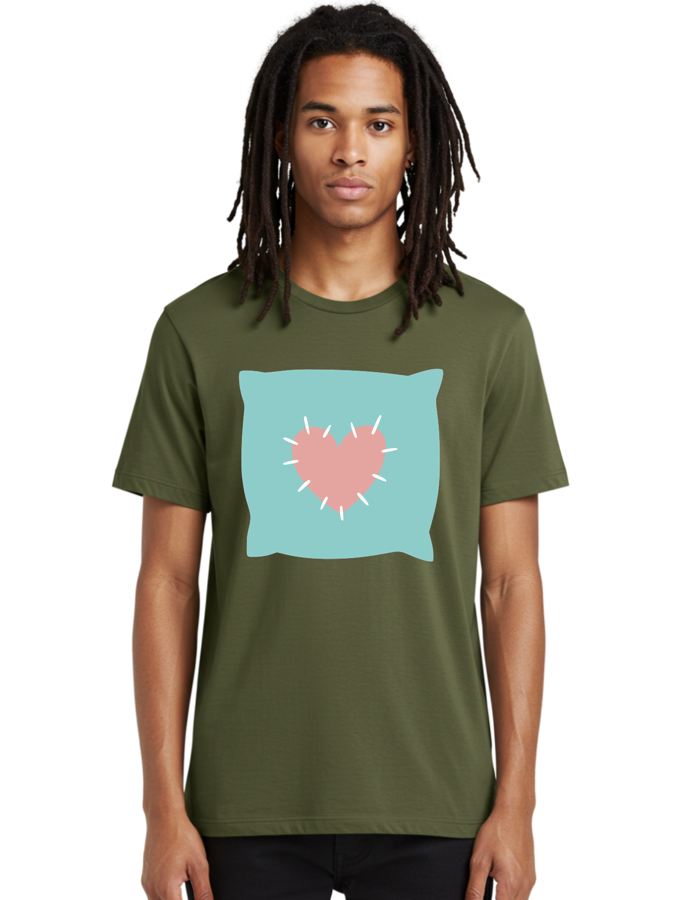 Pillow-With-Heart Men'S Graphic Tee, 100% Cotton, Comfortable Casual Summer Wear, Machine Washable, Pink Heart, Throw Pillow, Teal Background, White Accents, Home Decor, Love Symbol, Decorative Pillow, Heart Design, Cozy Atmosphere, Aac068 14