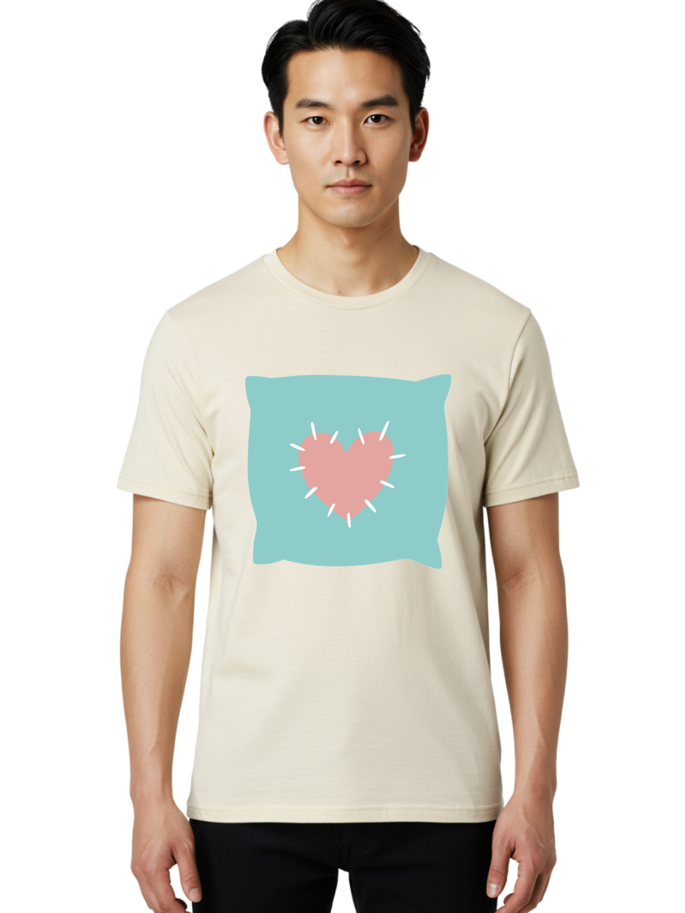 Pillow-With-Heart Men'S Graphic Tee, 100% Cotton, Comfortable Casual Summer Wear, Machine Washable, Pink Heart, Throw Pillow, Teal Background, White Accents, Home Decor, Love Symbol, Decorative Pillow, Heart Design, Cozy Atmosphere, Aac068 8