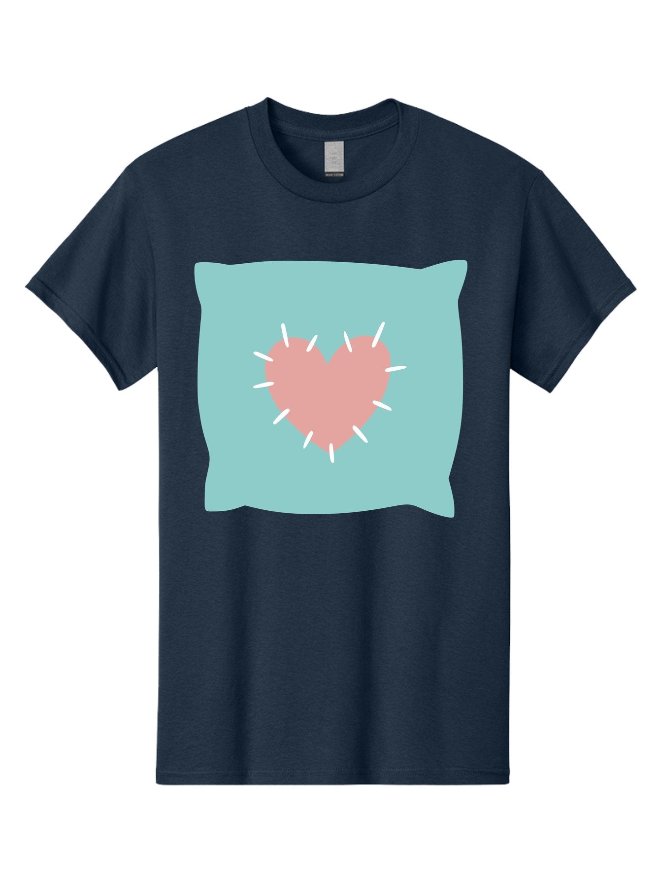 Pillow-With-Heart Men'S Graphic Tee, 100% Cotton, Comfortable Casual Summer Wear, Machine Washable, Pink Heart, Throw Pillow, Teal Background, White Accents, Home Decor, Love Symbol, Decorative Pillow, Heart Design, Cozy Atmosphere, Aac068 14