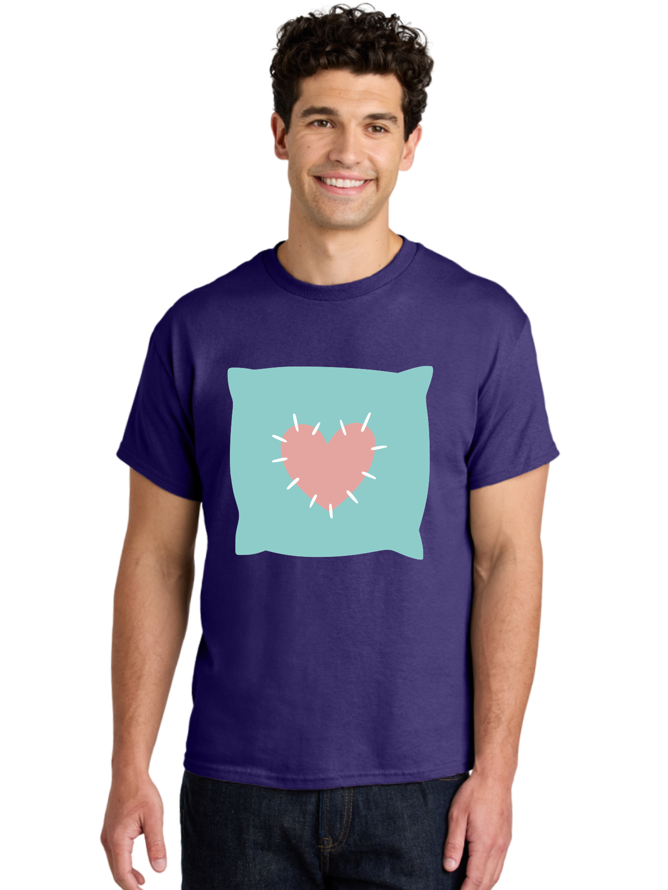 Pillow-With-Heart Men'S Graphic Tee, 100% Cotton, Comfortable Casual Summer Wear, Machine Washable, Pink Heart, Throw Pillow, Teal Background, White Accents, Home Decor, Love Symbol, Decorative Pillow, Heart Design, Cozy Atmosphere, Aac068 20