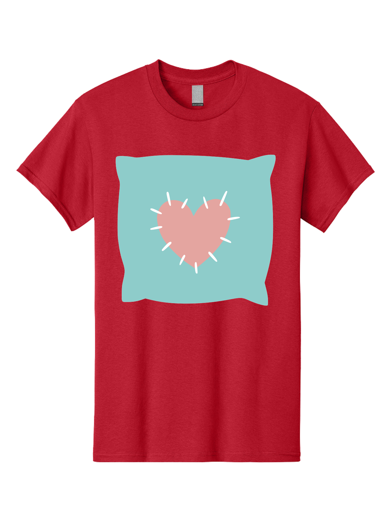 Pillow-With-Heart Men'S Graphic Tee, 100% Cotton, Comfortable Casual Summer Wear, Machine Washable, Pink Heart, Throw Pillow, Teal Background, White Accents, Home Decor, Love Symbol, Decorative Pillow, Heart Design, Cozy Atmosphere, Aac068 21