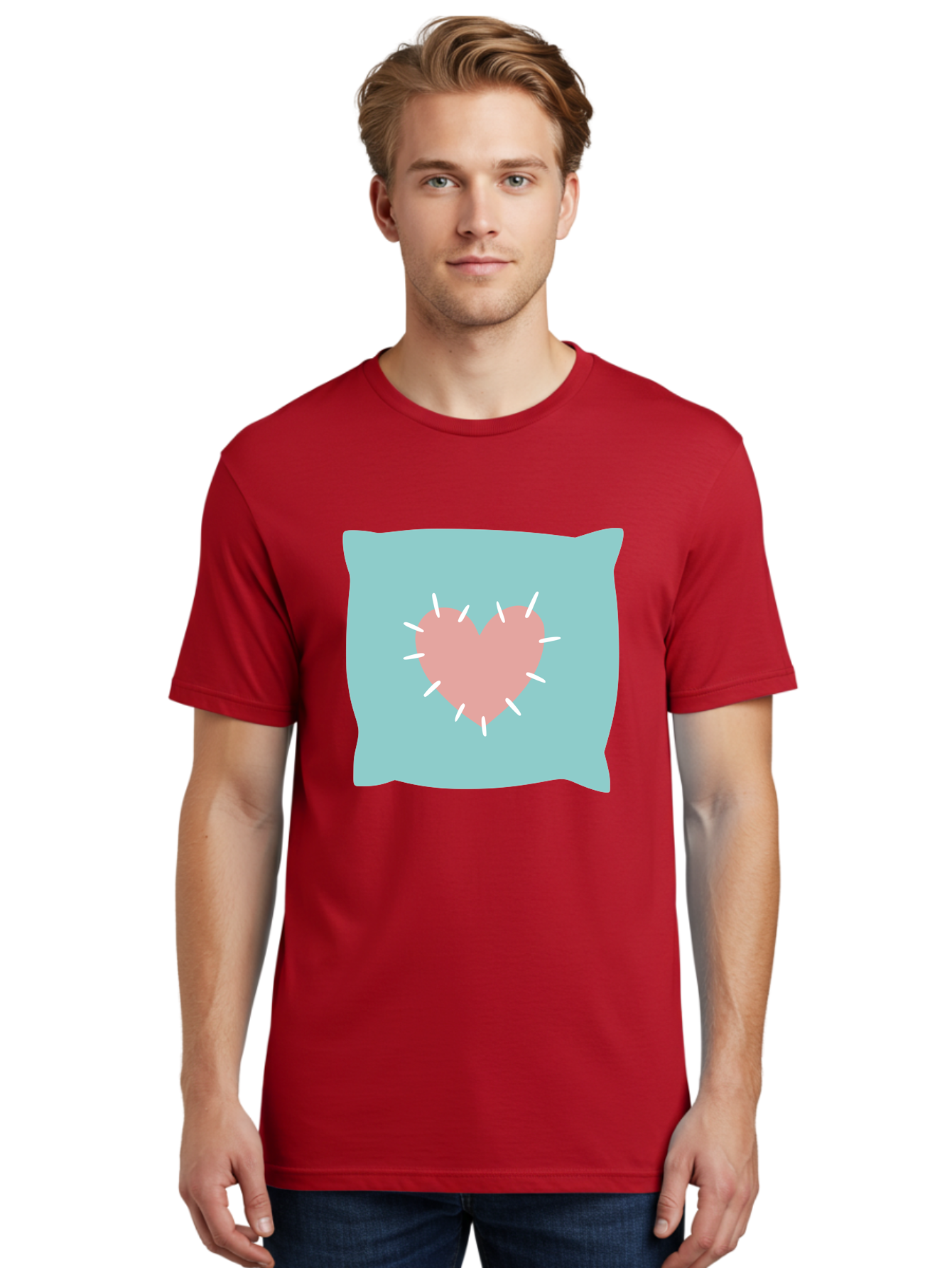 Pillow-With-Heart Men'S Graphic Tee, 100% Cotton, Comfortable Casual Summer Wear, Machine Washable, Pink Heart, Throw Pillow, Teal Background, White Accents, Home Decor, Love Symbol, Decorative Pillow, Heart Design, Cozy Atmosphere, Aac068 22