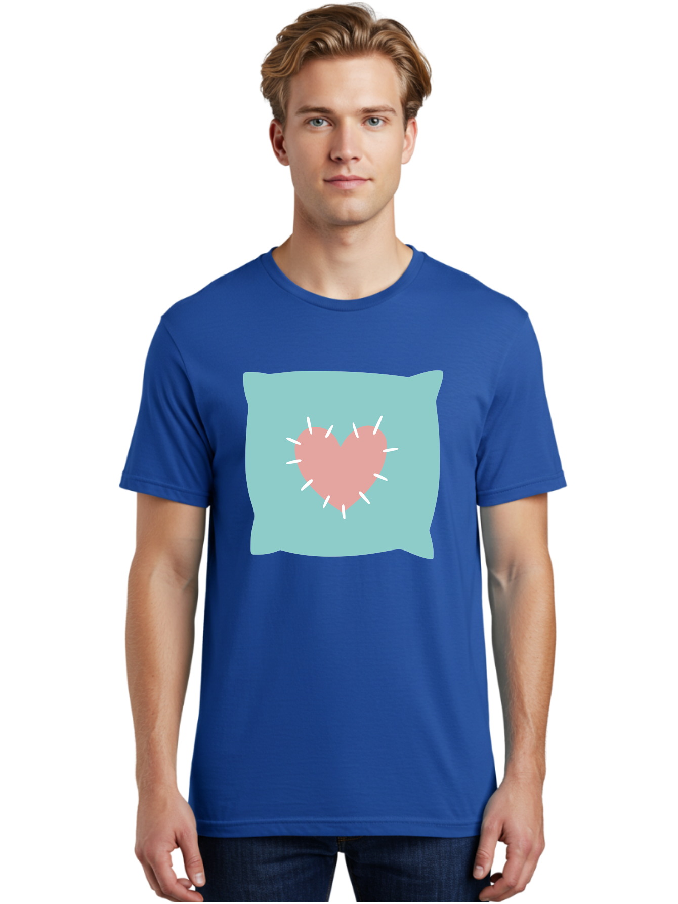 Pillow-With-Heart Men'S Graphic Tee, 100% Cotton, Comfortable Casual Summer Wear, Machine Washable, Pink Heart, Throw Pillow, Teal Background, White Accents, Home Decor, Love Symbol, Decorative Pillow, Heart Design, Cozy Atmosphere, Aac068 30