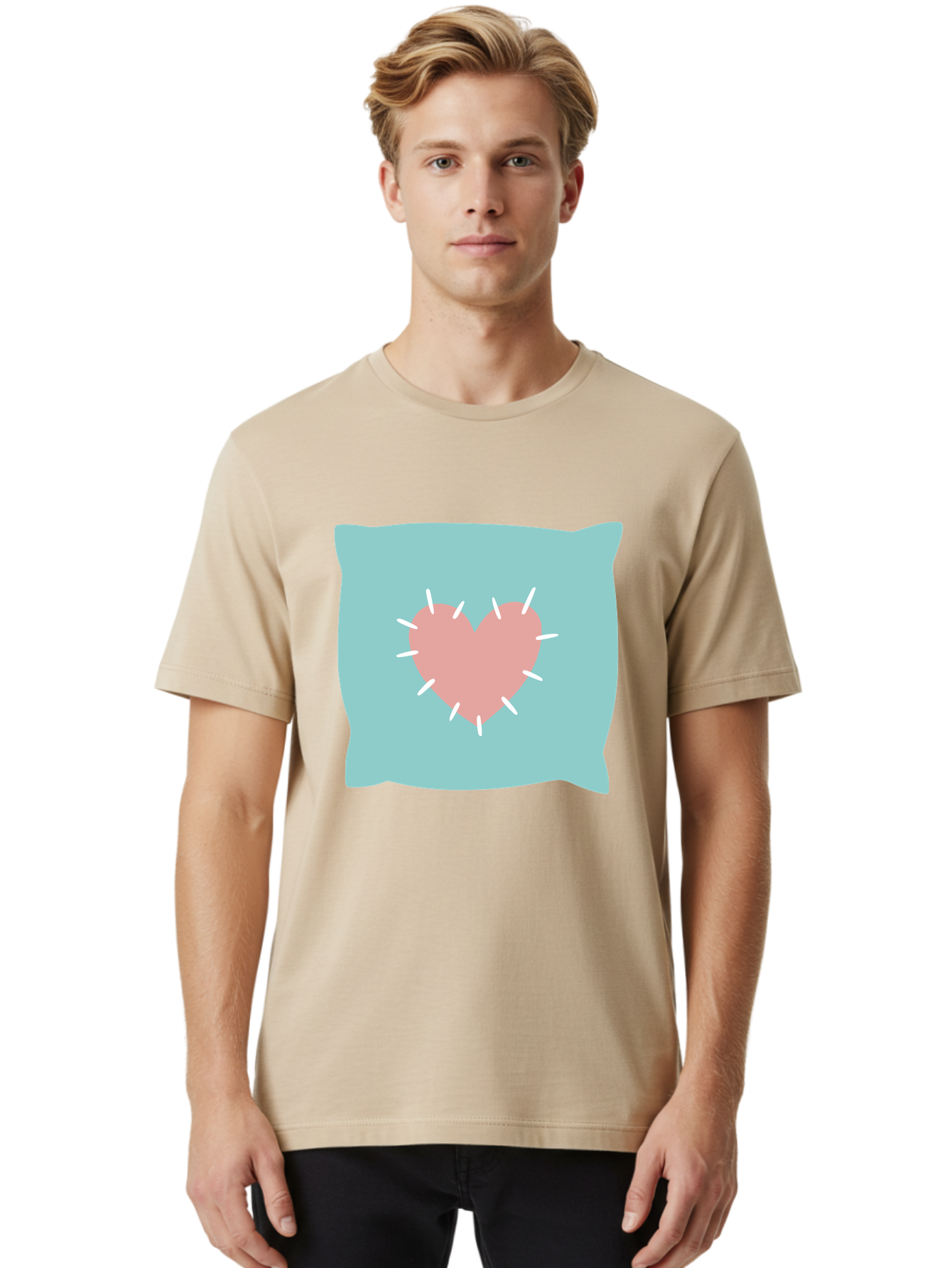 Pillow-With-Heart Men'S Graphic Tee, 100% Cotton, Comfortable Casual Summer Wear, Machine Washable, Pink Heart, Throw Pillow, Teal Background, White Accents, Home Decor, Love Symbol, Decorative Pillow, Heart Design, Cozy Atmosphere, Aac068 28