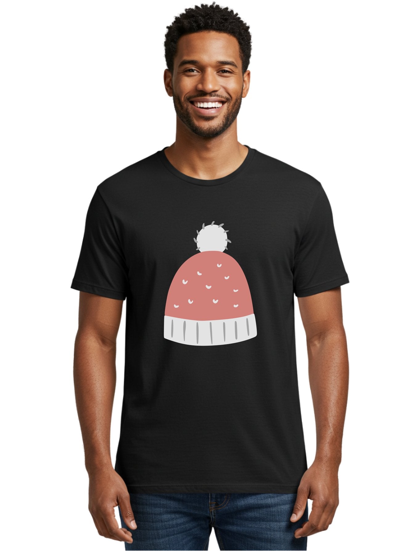 Pink-Beanie Men'S Graphic Tee, 100% Cotton, Comfortable Casual Summer Wear, Machine Washable, Winter Hat, Beanie With Pom-Pom, Pink And White, Festive Fashion, Cold Weather Accessory, Trendy Headwear, Winter Clothing Aac072 18