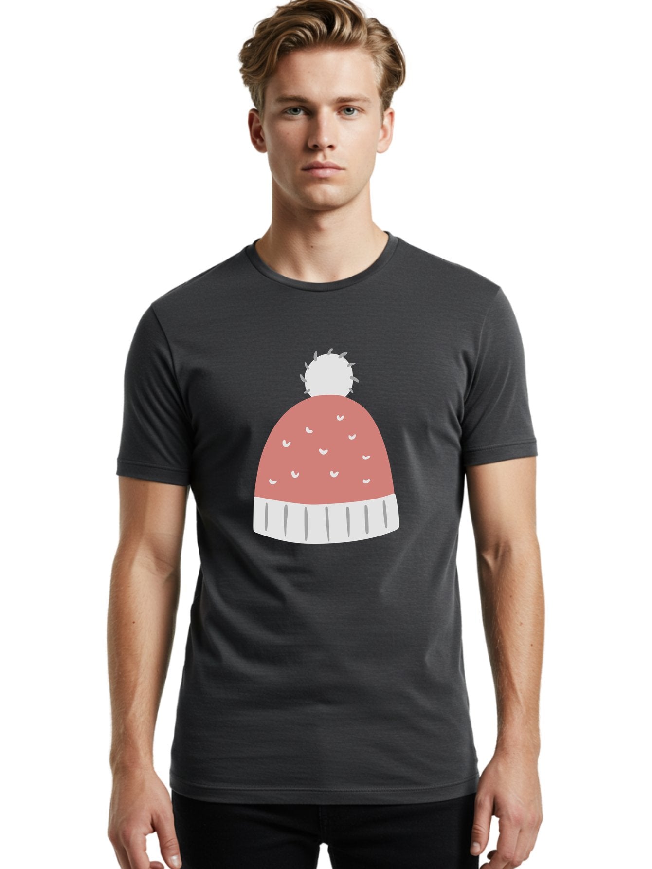 Pink-Beanie Men'S Graphic Tee, 100% Cotton, Comfortable Casual Summer Wear, Machine Washable, Winter Hat, Beanie With Pom-Pom, Pink And White, Festive Fashion, Cold Weather Accessory, Trendy Headwear, Winter Clothing Aac072 21