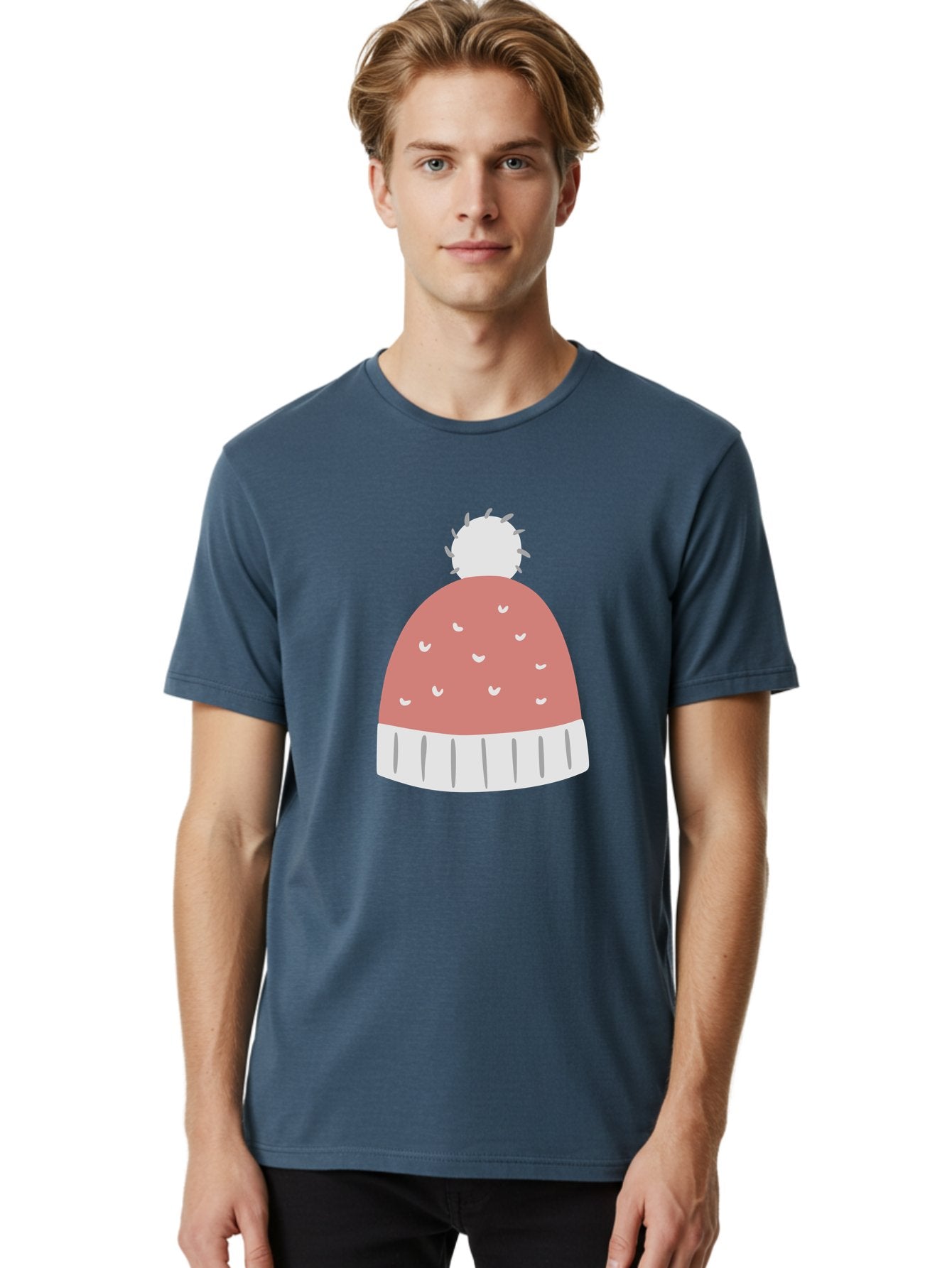 Pink-Beanie Men'S Graphic Tee, 100% Cotton, Comfortable Casual Summer Wear, Machine Washable, Winter Hat, Beanie With Pom-Pom, Pink And White, Festive Fashion, Cold Weather Accessory, Trendy Headwear, Winter Clothing Aac072 17