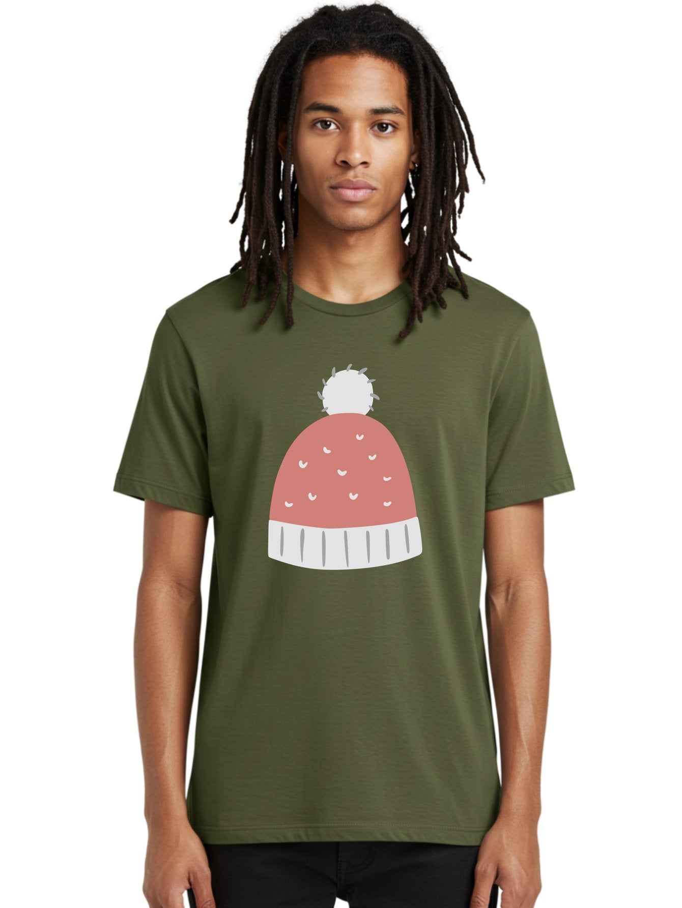 Pink-Beanie Men'S Graphic Tee, 100% Cotton, Comfortable Casual Summer Wear, Machine Washable, Winter Hat, Beanie With Pom-Pom, Pink And White, Festive Fashion, Cold Weather Accessory, Trendy Headwear, Winter Clothing Aac072 26