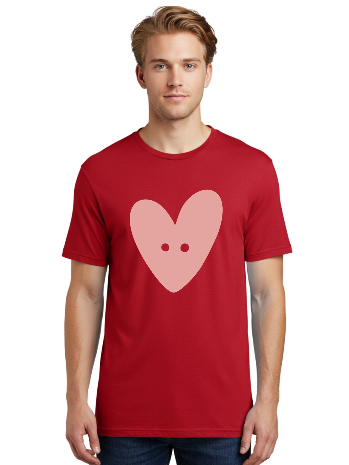 Pink-Heart-Button Men'S Graphic Tee, 100% Cotton, Comfortable Casual Summer Wear, Machine Washable, Heart Symbol, Pink Icon, Love Emblem, Cute Design, Simple Illustration, Minimalist Art Aac075 17