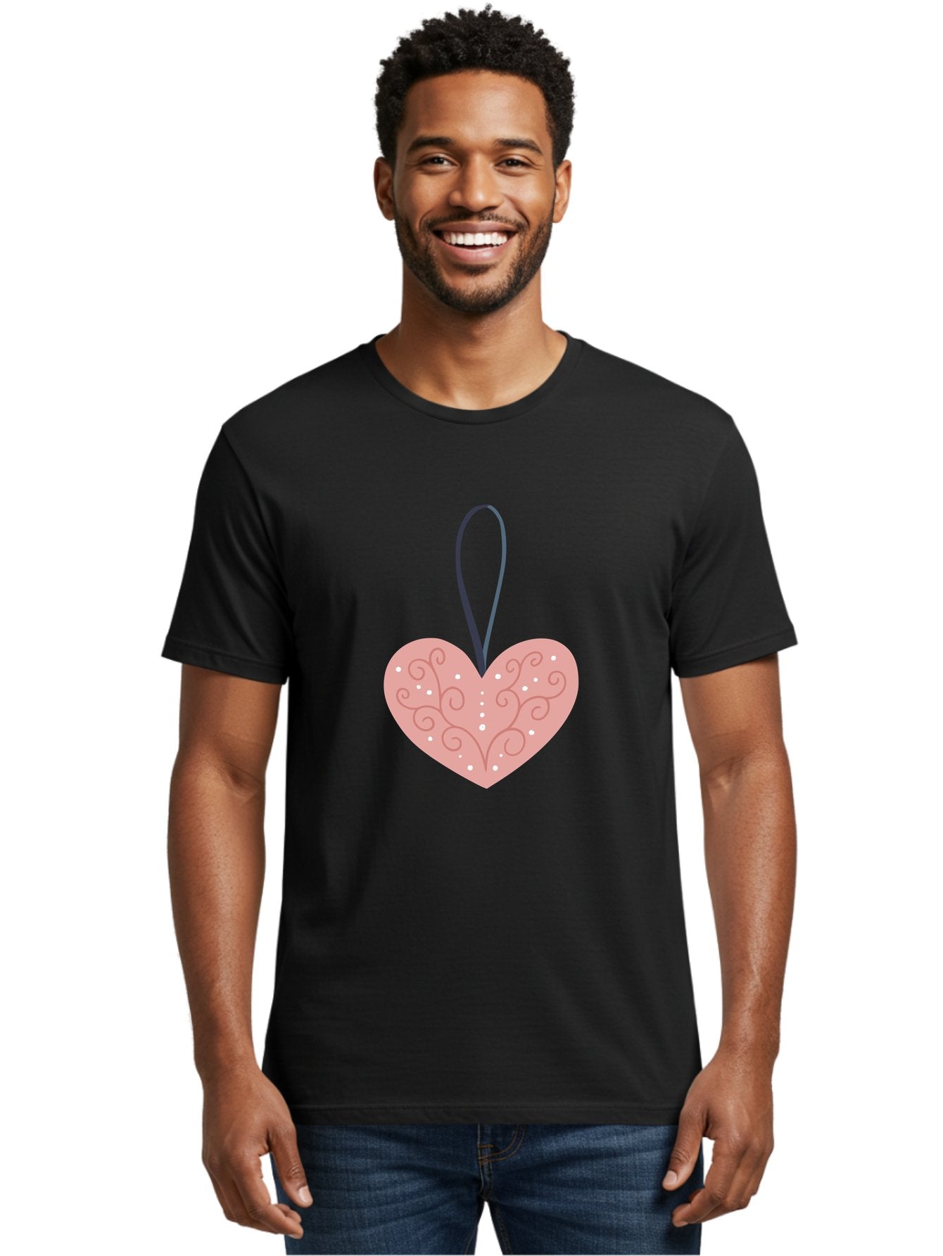Pink-Heart-Ornament Men'S Graphic Tee, 100% Cotton, Comfortable Casual Summer Wear, Machine Washable, Pink Heart Ornament, Decorative Design, Swirling Patterns, White Dots, Hanging Decoration, Love Symbol, Valentines Day Gift, Festive Decor Aac077 26