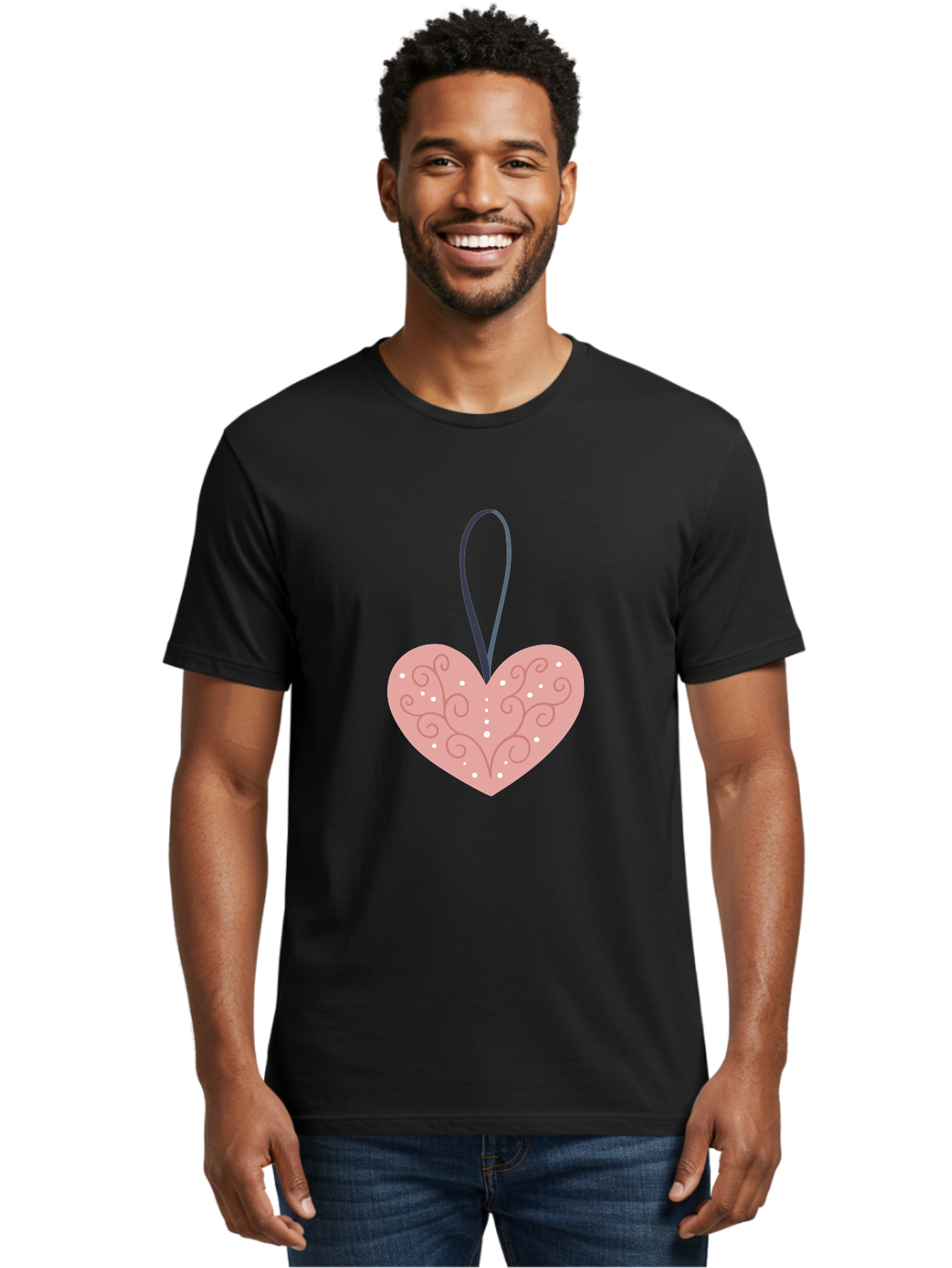 Pink-Heart-Ornament Men'S Graphic Tee, 100% Cotton, Comfortable Casual Summer Wear, Machine Washable, Pink Heart Ornament, Decorative Design, Swirling Patterns, White Dots, Hanging Decoration, Love Symbol, Valentines Day Gift, Festive Decor Aac077 10