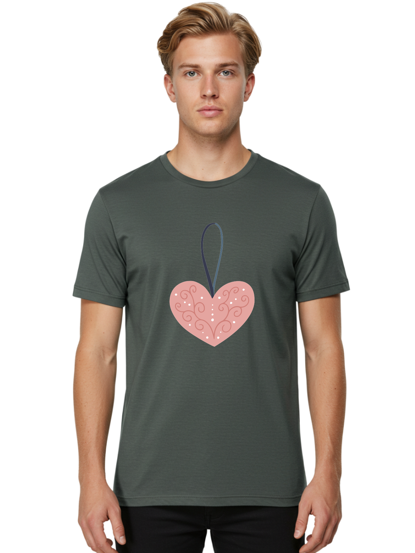 Pink-Heart-Ornament Men'S Graphic Tee, 100% Cotton, Comfortable Casual Summer Wear, Machine Washable, Pink Heart Ornament, Decorative Design, Swirling Patterns, White Dots, Hanging Decoration, Love Symbol, Valentines Day Gift, Festive Decor Aac077 4