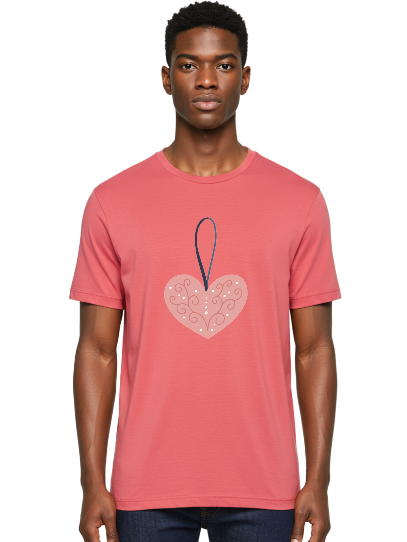 Pink-Heart-Ornament Men'S Graphic Tee, 100% Cotton, Comfortable Casual Summer Wear, Machine Washable, Pink Heart Ornament, Decorative Design, Swirling Patterns, White Dots, Hanging Decoration, Love Symbol, Valentines Day Gift, Festive Decor Aac077 24
