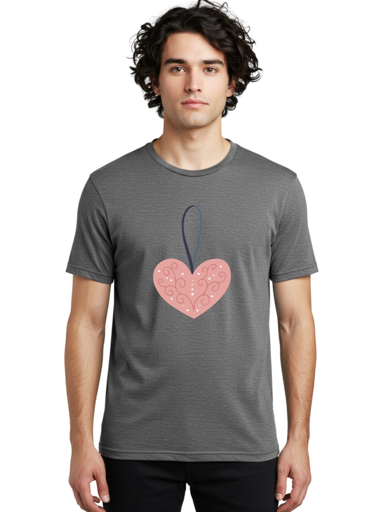 Pink-Heart-Ornament Men'S Graphic Tee, 100% Cotton, Comfortable Casual Summer Wear, Machine Washable, Pink Heart Ornament, Decorative Design, Swirling Patterns, White Dots, Hanging Decoration, Love Symbol, Valentines Day Gift, Festive Decor Aac077 19