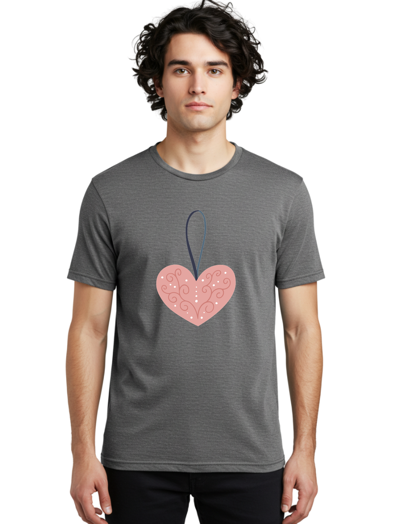 Pink-Heart-Ornament Men'S Graphic Tee, 100% Cotton, Comfortable Casual Summer Wear, Machine Washable, Pink Heart Ornament, Decorative Design, Swirling Patterns, White Dots, Hanging Decoration, Love Symbol, Valentines Day Gift, Festive Decor Aac077 22