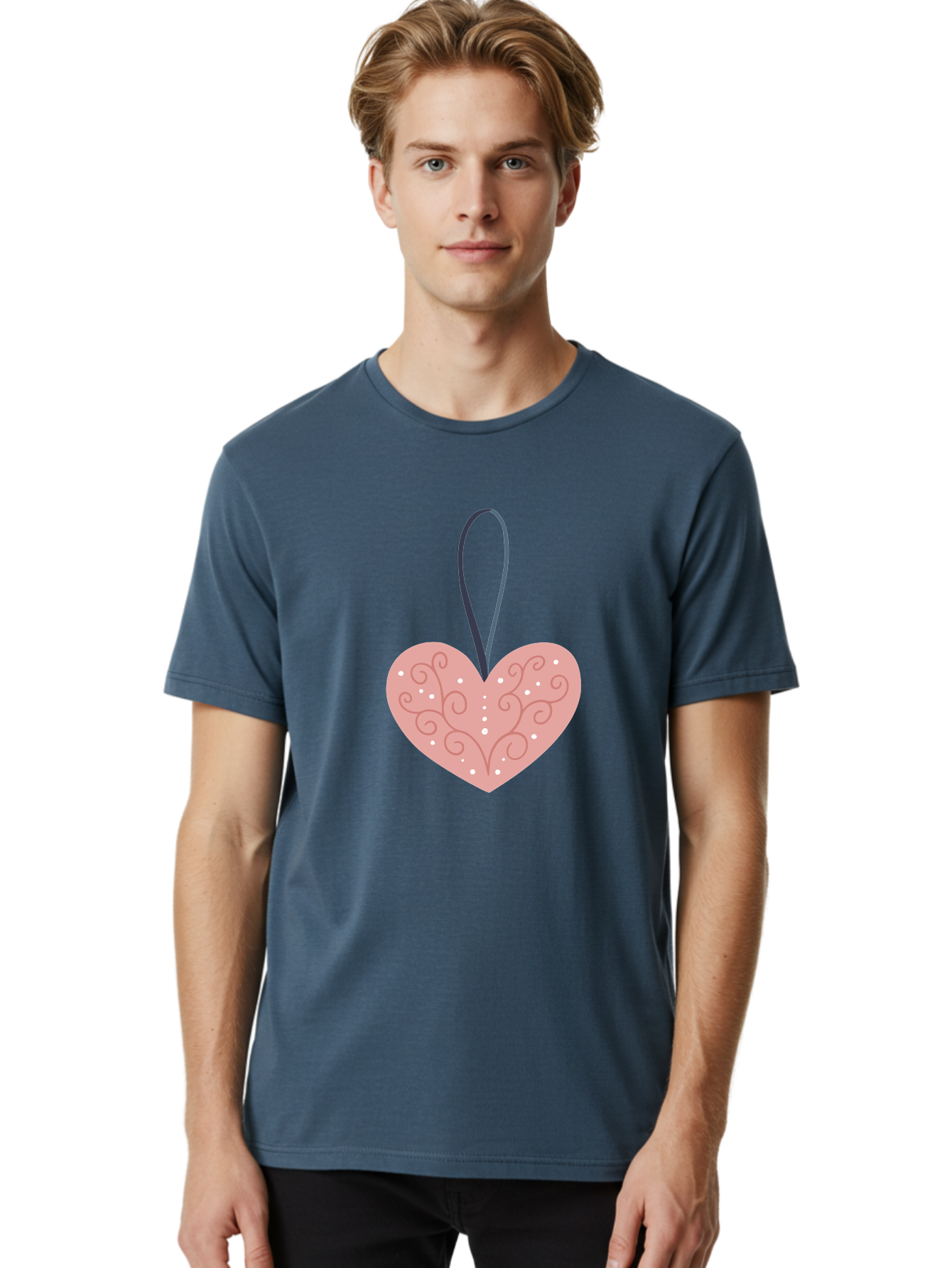 Pink-Heart-Ornament Men'S Graphic Tee, 100% Cotton, Comfortable Casual Summer Wear, Machine Washable, Pink Heart Ornament, Decorative Design, Swirling Patterns, White Dots, Hanging Decoration, Love Symbol, Valentines Day Gift, Festive Decor Aac077 16