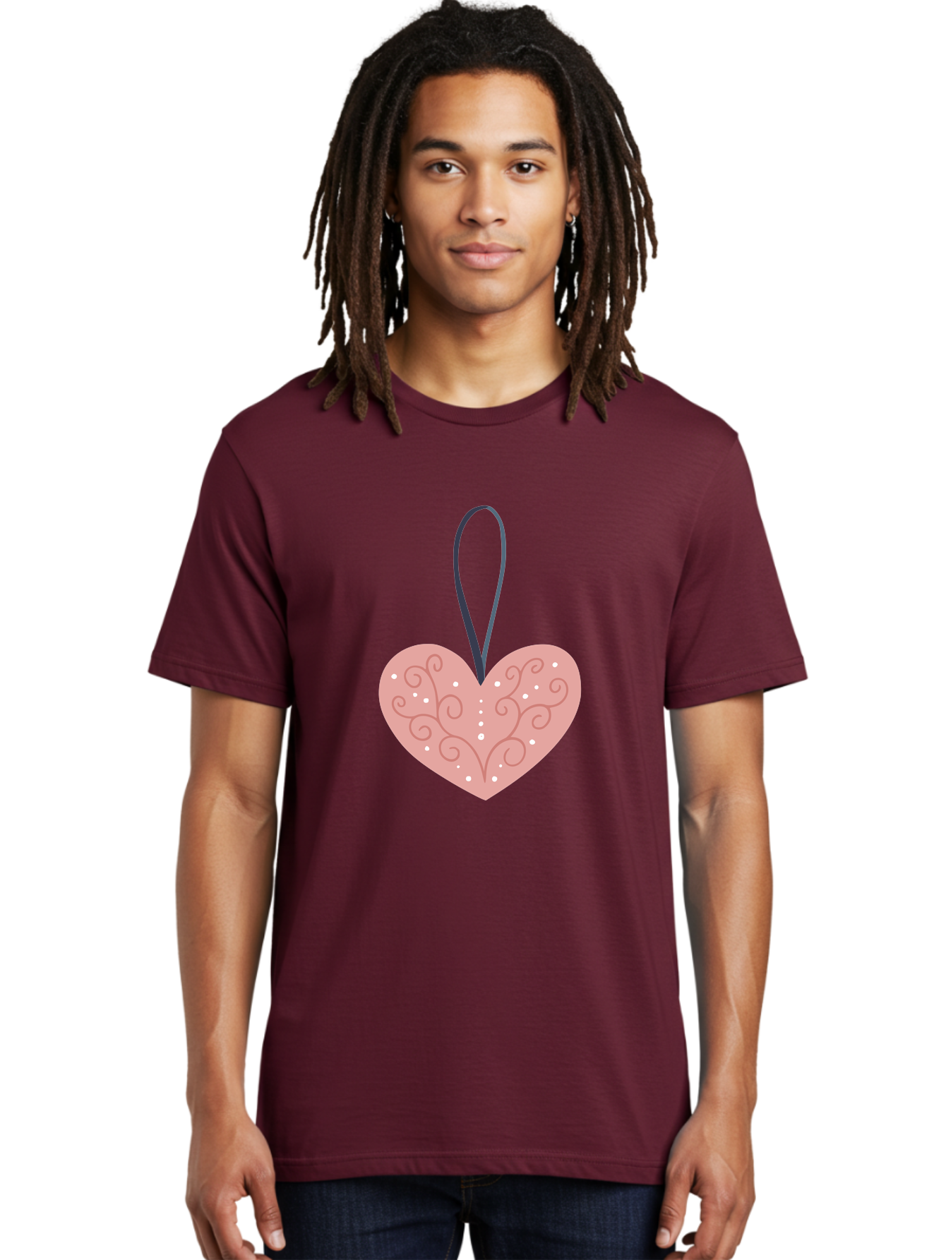 Pink-Heart-Ornament Men'S Graphic Tee, 100% Cotton, Comfortable Casual Summer Wear, Machine Washable, Pink Heart Ornament, Decorative Design, Swirling Patterns, White Dots, Hanging Decoration, Love Symbol, Valentines Day Gift, Festive Decor Aac077 12