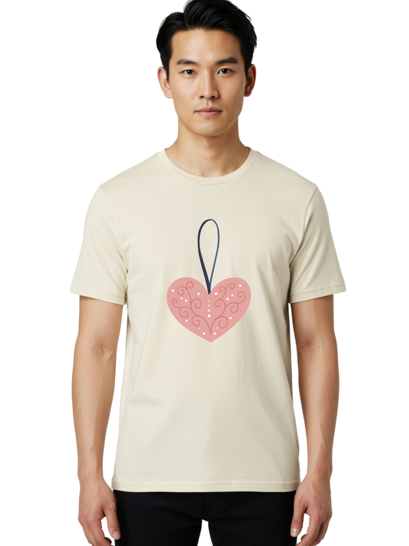 Pink-Heart-Ornament Men'S Graphic Tee, 100% Cotton, Comfortable Casual Summer Wear, Machine Washable, Pink Heart Ornament, Decorative Design, Swirling Patterns, White Dots, Hanging Decoration, Love Symbol, Valentines Day Gift, Festive Decor Aac077 30