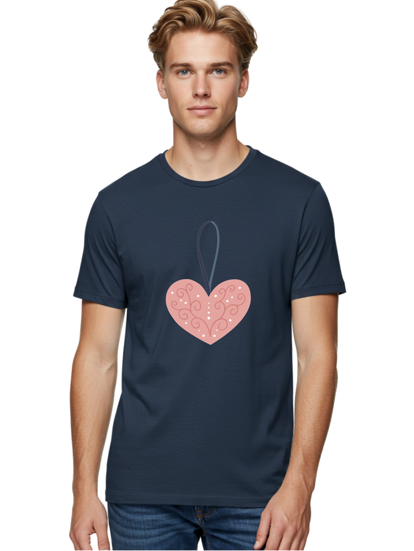 Pink-Heart-Ornament Men'S Graphic Tee, 100% Cotton, Comfortable Casual Summer Wear, Machine Washable, Pink Heart Ornament, Decorative Design, Swirling Patterns, White Dots, Hanging Decoration, Love Symbol, Valentines Day Gift, Festive Decor Aac077 14
