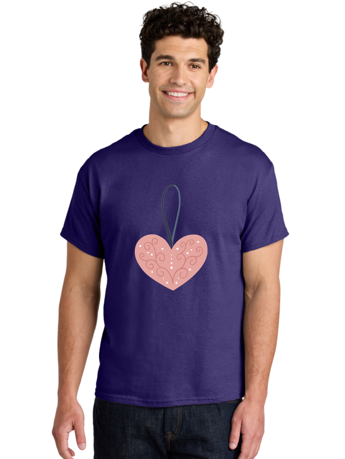 Pink-Heart-Ornament Men'S Graphic Tee, 100% Cotton, Comfortable Casual Summer Wear, Machine Washable, Pink Heart Ornament, Decorative Design, Swirling Patterns, White Dots, Hanging Decoration, Love Symbol, Valentines Day Gift, Festive Decor Aac077