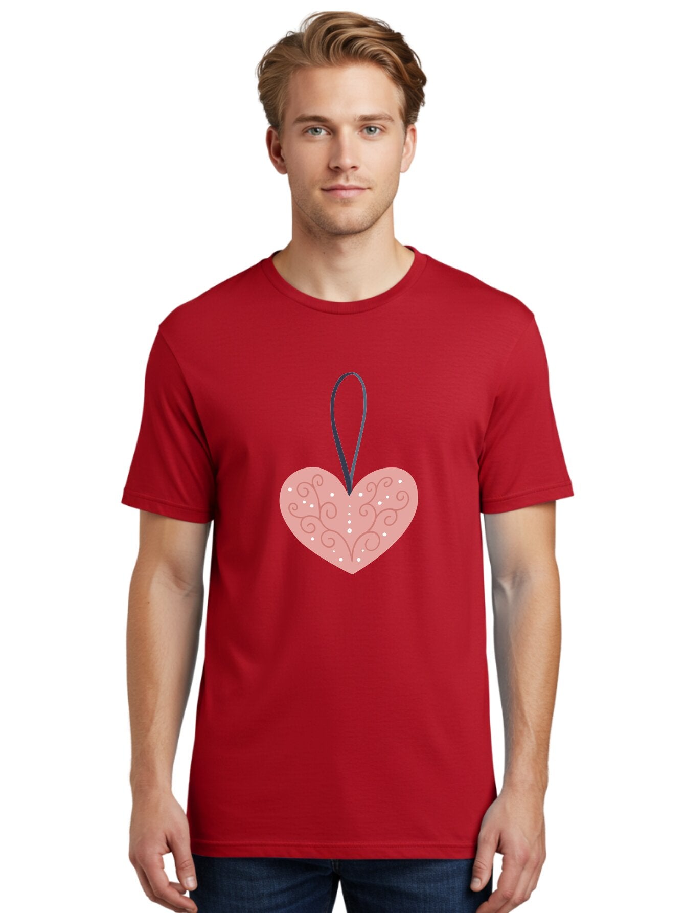 Pink-Heart-Ornament Men'S Graphic Tee, 100% Cotton, Comfortable Casual Summer Wear, Machine Washable, Pink Heart Ornament, Decorative Design, Swirling Patterns, White Dots, Hanging Decoration, Love Symbol, Valentines Day Gift, Festive Decor Aac077 22