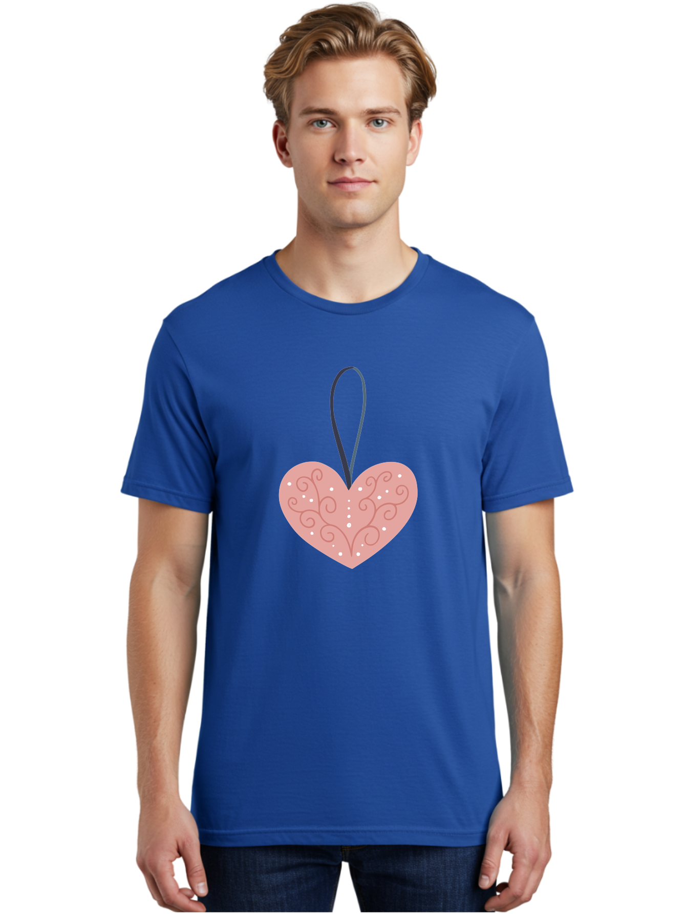 Pink-Heart-Ornament Men'S Graphic Tee, 100% Cotton, Comfortable Casual Summer Wear, Machine Washable, Pink Heart Ornament, Decorative Design, Swirling Patterns, White Dots, Hanging Decoration, Love Symbol, Valentines Day Gift, Festive Decor Aac077 26
