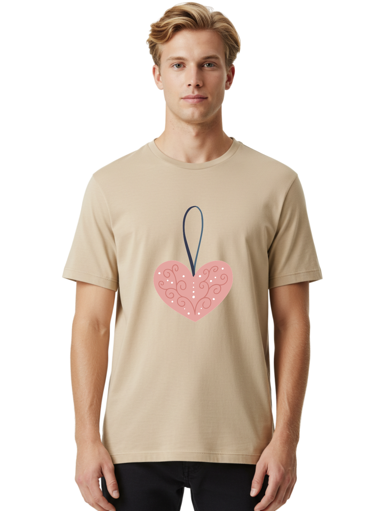 Pink-Heart-Ornament Men'S Graphic Tee, 100% Cotton, Comfortable Casual Summer Wear, Machine Washable, Pink Heart Ornament, Decorative Design, Swirling Patterns, White Dots, Hanging Decoration, Love Symbol, Valentines Day Gift, Festive Decor Aac077 6