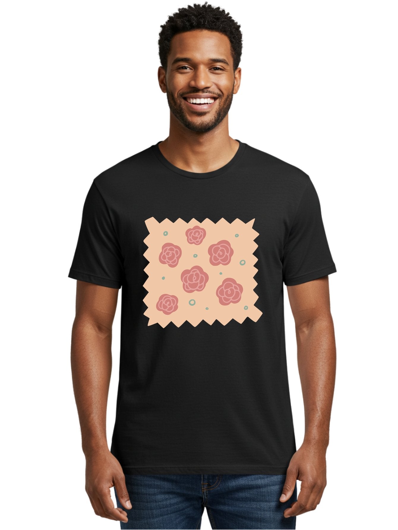 Pink-Roses Men'S Graphic Tee, 100% Cotton, Comfortable Casual Summer Wear, Machine Washable, Pink Roses, White Outlines, Floral Pattern, Decorative Design, Abstract Flowers, Elegant Graphics, Minimalist Art Aac079 22