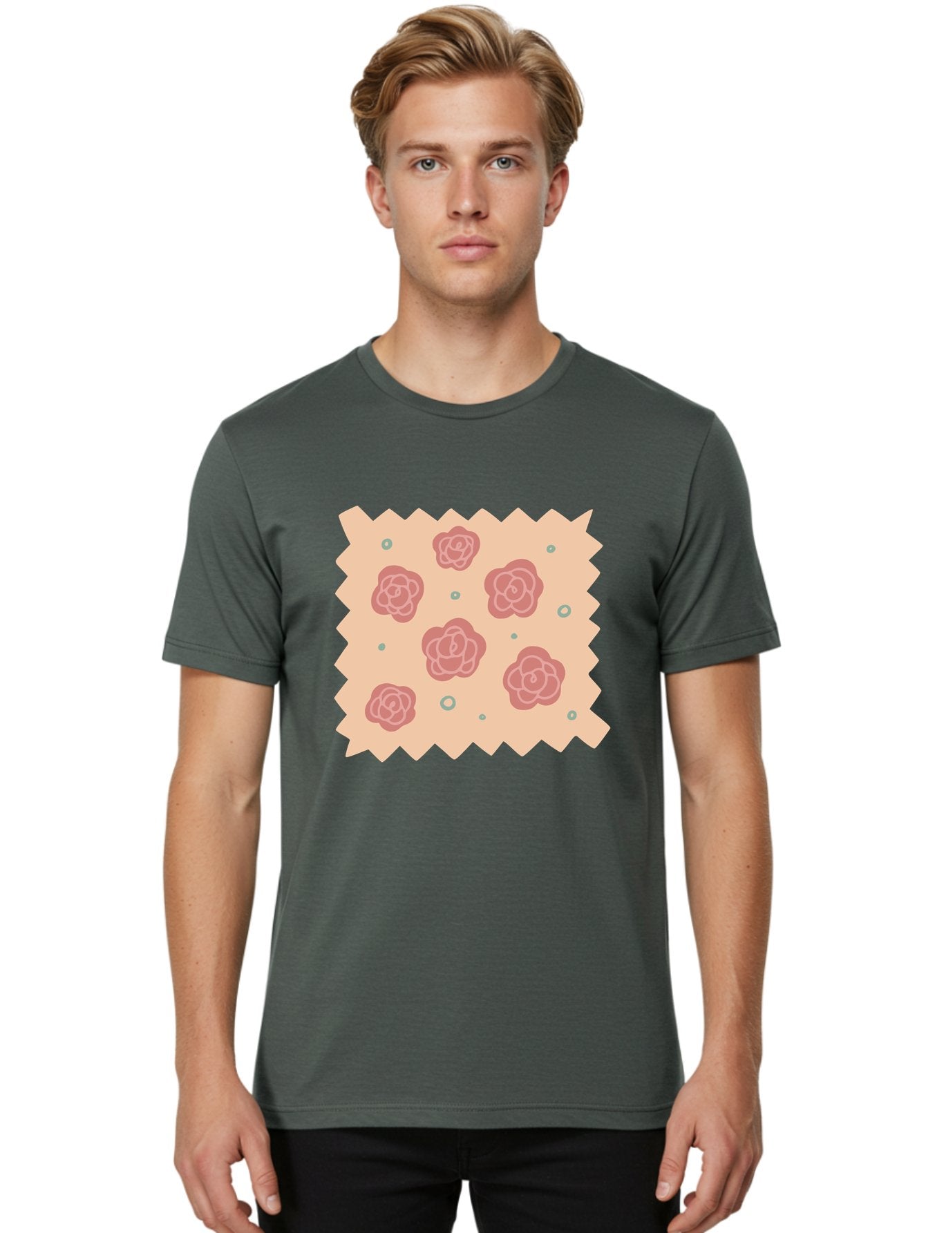 Pink-Roses Men'S Graphic Tee, 100% Cotton, Comfortable Casual Summer Wear, Machine Washable, Pink Roses, White Outlines, Floral Pattern, Decorative Design, Abstract Flowers, Elegant Graphics, Minimalist Art Aac079 30