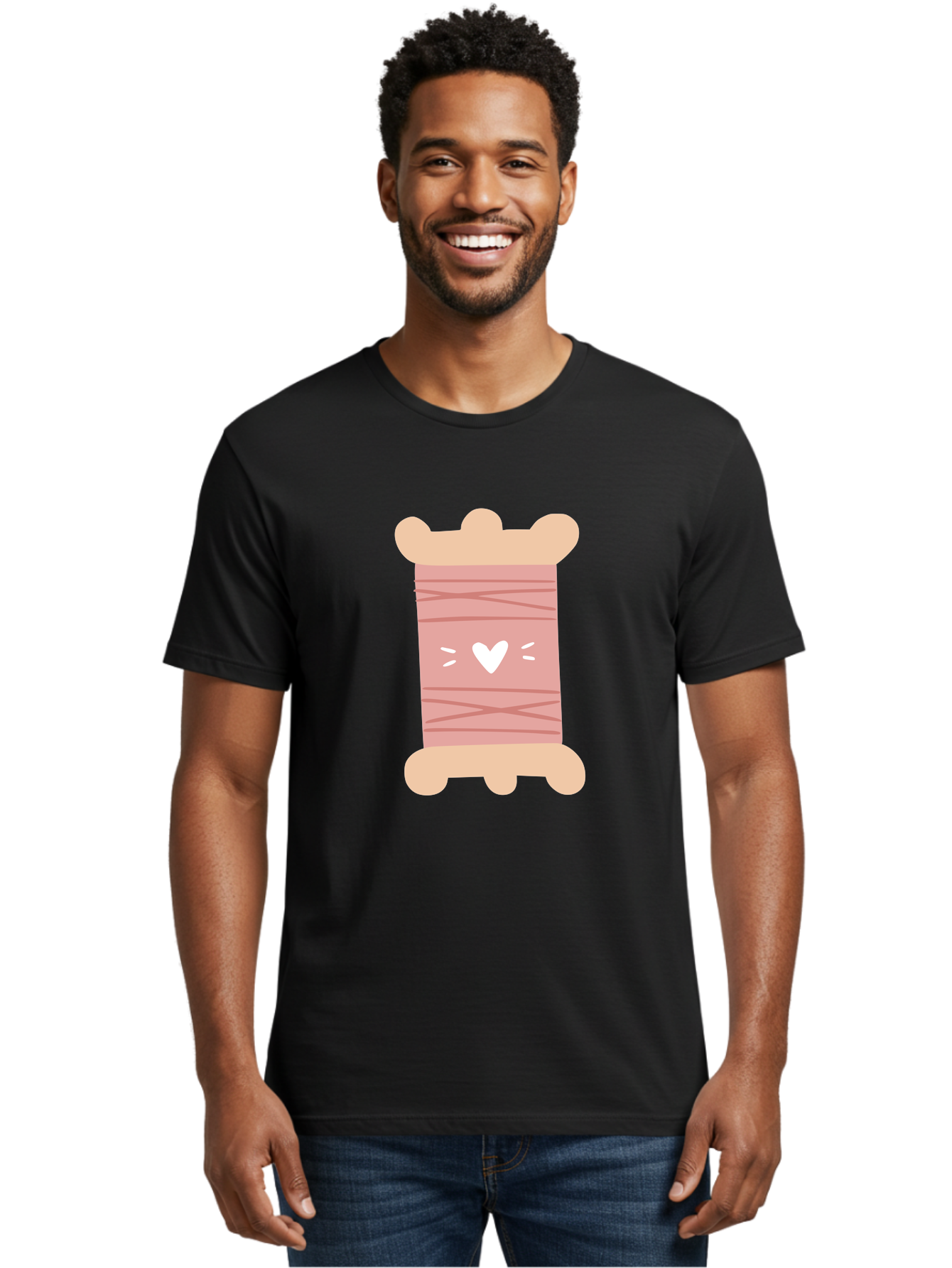 Pink-Thread-Spool-With-Heart Men'S Graphic Tee, 100% Cotton, Comfortable Casual Summer Wear, Machine Washable, Pink Thread Spool, White Heart, Sewing Supplies, Crafting, Diy, Hobby, Embroidery Thread, Pastel Colors, Cute Design, Cartoon Style Aac084 22