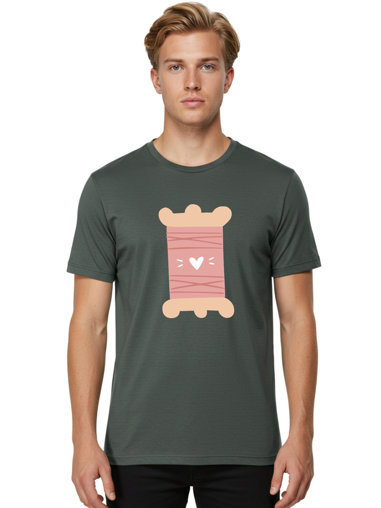Pink-Thread-Spool-With-Heart Men'S Graphic Tee, 100% Cotton, Comfortable Casual Summer Wear, Machine Washable, Pink Thread Spool, White Heart, Sewing Supplies, Crafting, Diy, Hobby, Embroidery Thread, Pastel Colors, Cute Design, Cartoon Style Aac084 14