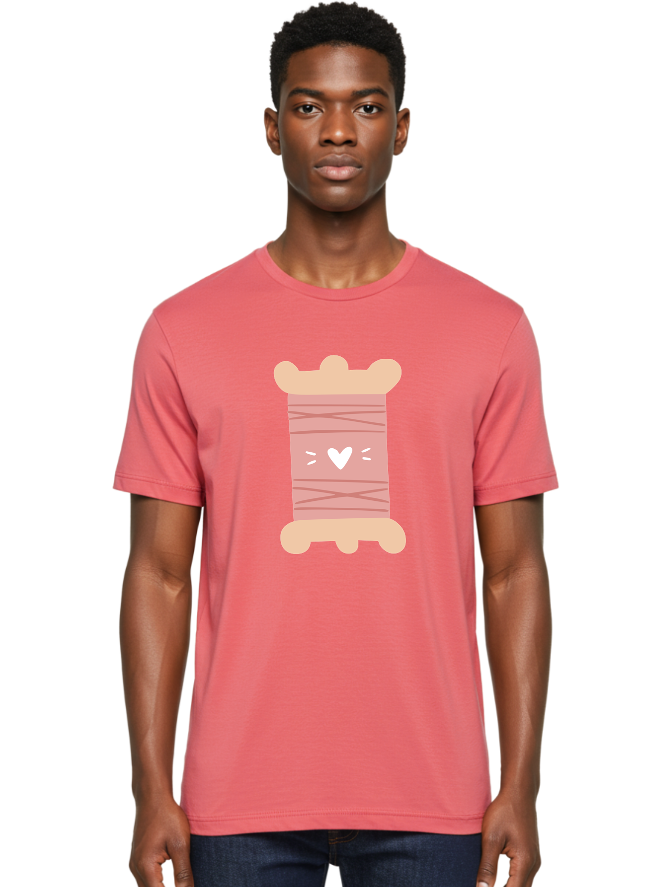 Pink-Thread-Spool-With-Heart Men'S Graphic Tee, 100% Cotton, Comfortable Casual Summer Wear, Machine Washable, Pink Thread Spool, White Heart, Sewing Supplies, Crafting, Diy, Hobby, Embroidery Thread, Pastel Colors, Cute Design, Cartoon Style Aac084 28