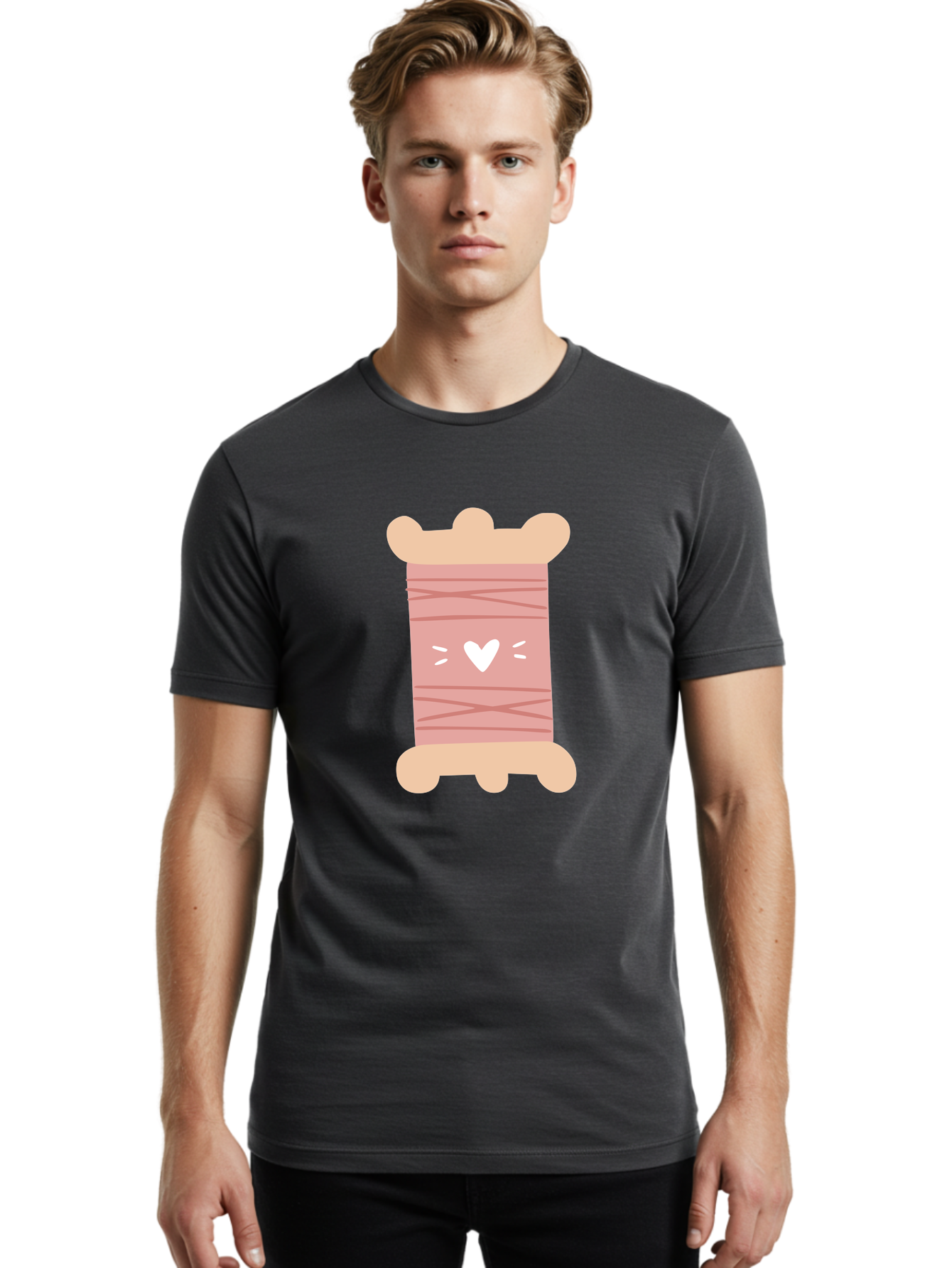 Pink-Thread-Spool-With-Heart Men'S Graphic Tee, 100% Cotton, Comfortable Casual Summer Wear, Machine Washable, Pink Thread Spool, White Heart, Sewing Supplies, Crafting, Diy, Hobby, Embroidery Thread, Pastel Colors, Cute Design, Cartoon Style Aac084 30