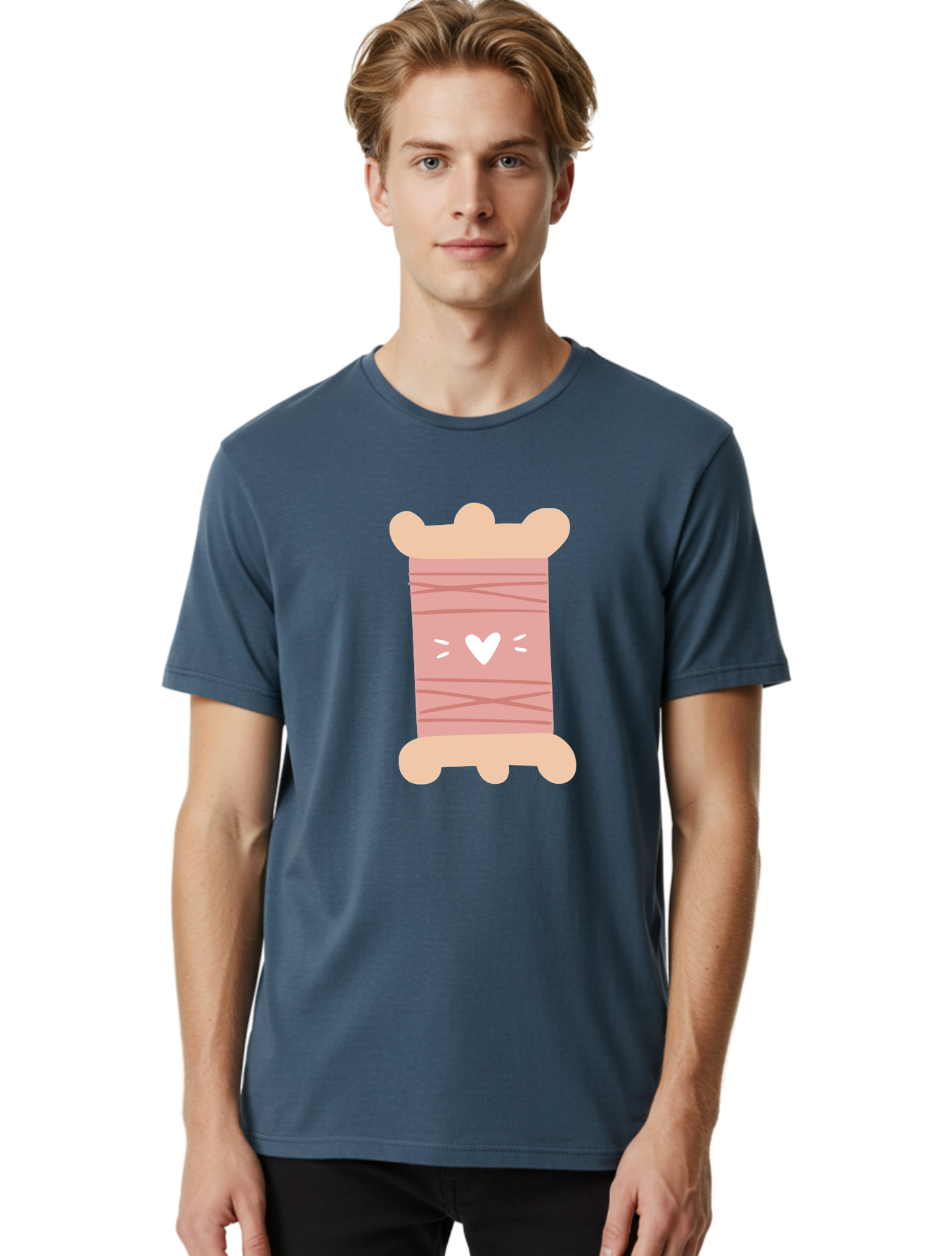 Pink-Thread-Spool-With-Heart Men'S Graphic Tee, 100% Cotton, Comfortable Casual Summer Wear, Machine Washable, Pink Thread Spool, White Heart, Sewing Supplies, Crafting, Diy, Hobby, Embroidery Thread, Pastel Colors, Cute Design, Cartoon Style Aac084 26