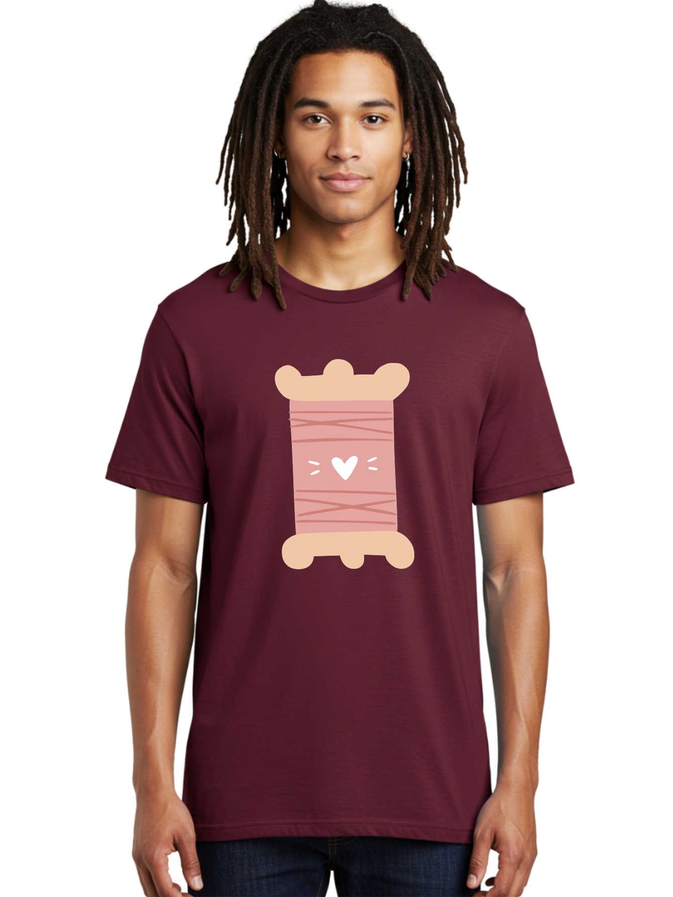 Pink-Thread-Spool-With-Heart Men'S Graphic Tee, 100% Cotton, Comfortable Casual Summer Wear, Machine Washable, Pink Thread Spool, White Heart, Sewing Supplies, Crafting, Diy, Hobby, Embroidery Thread, Pastel Colors, Cute Design, Cartoon Style Aac084 8
