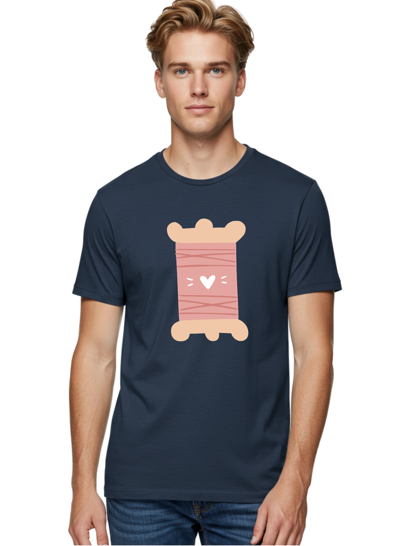 Pink-Thread-Spool-With-Heart Men'S Graphic Tee, 100% Cotton, Comfortable Casual Summer Wear, Machine Washable, Pink Thread Spool, White Heart, Sewing Supplies, Crafting, Diy, Hobby, Embroidery Thread, Pastel Colors, Cute Design, Cartoon Style Aac084 12