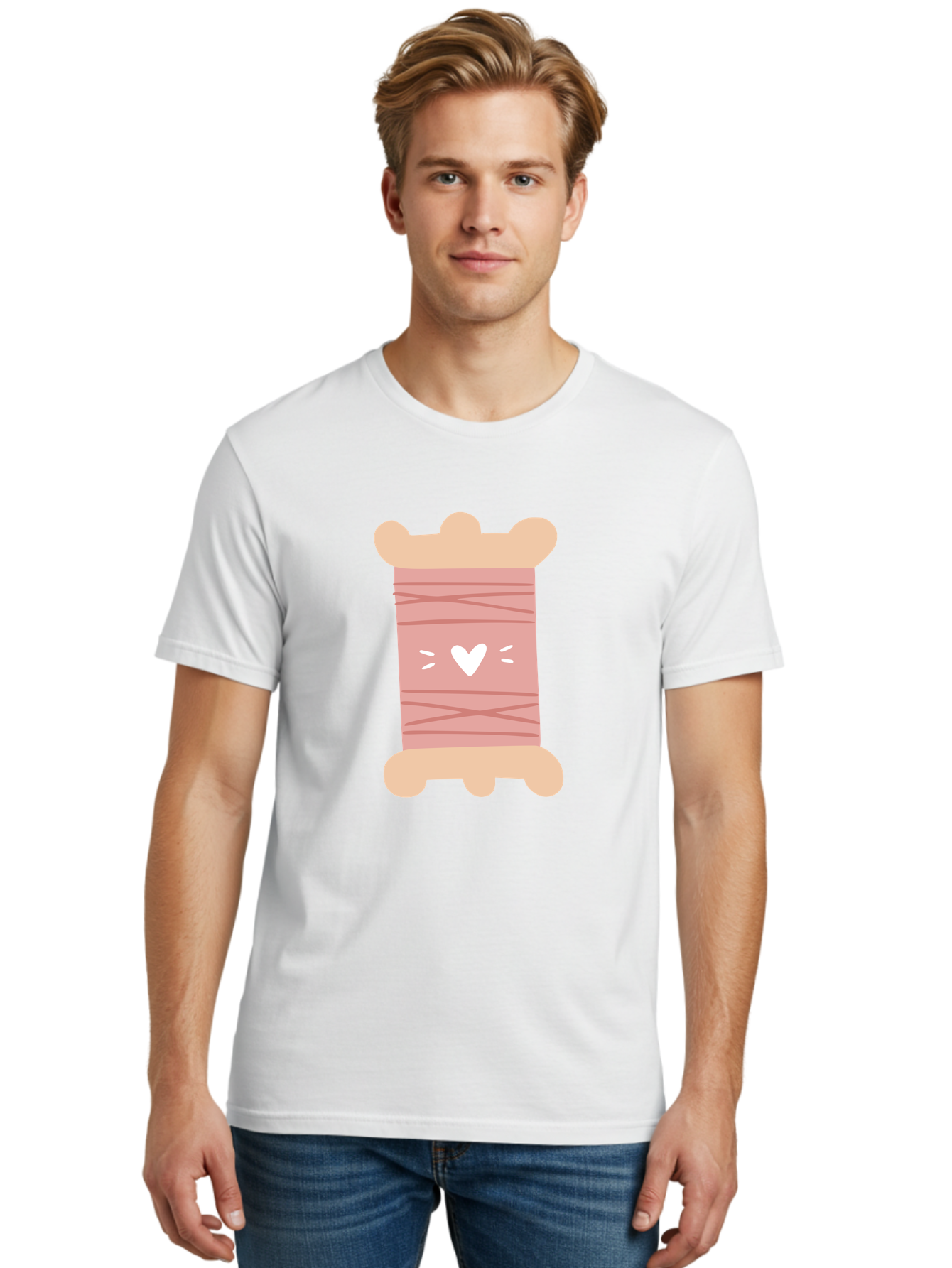 Pink-Thread-Spool-With-Heart Men'S Graphic Tee, 100% Cotton, Comfortable Casual Summer Wear, Machine Washable, Pink Thread Spool, White Heart, Sewing Supplies, Crafting, Diy, Hobby, Embroidery Thread, Pastel Colors, Cute Design, Cartoon Style Aac084