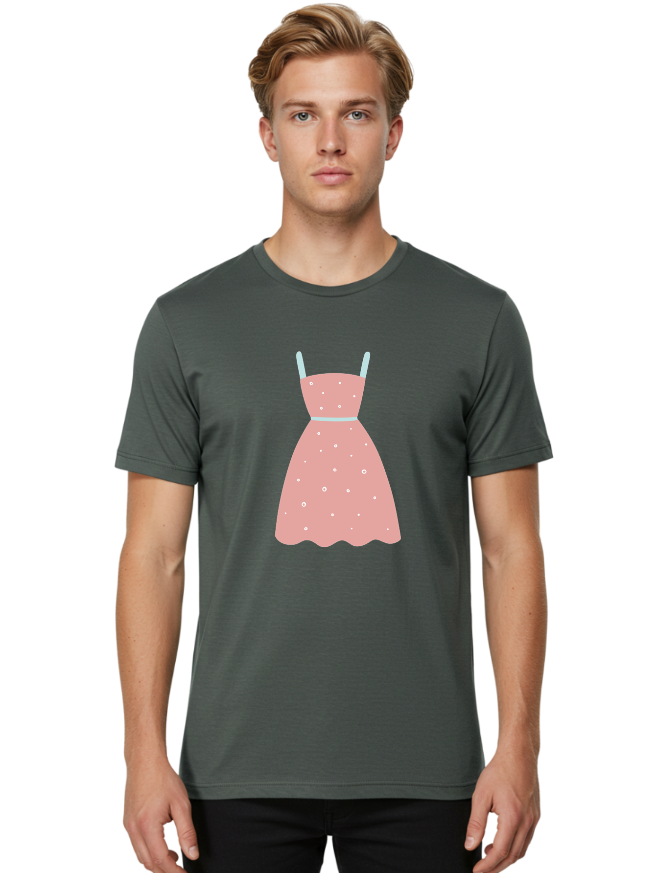 Polka-Dot-Dress Men'S Graphic Tee, 100% Cotton, Comfortable Casual Summer Wear, Machine Washable, Pink Dress, Polka Dot Pattern, Feminine Fashion, Elegant Design, White Accents, Stylish Clothing, Retro Style, Women'S Wear, Polka Dot Dress Aac085 30