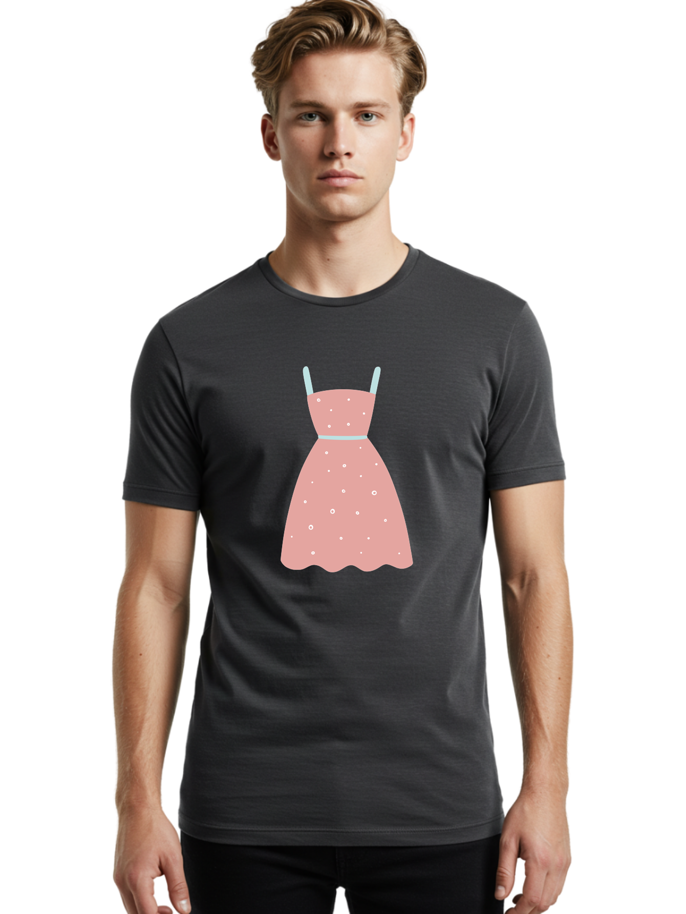 Polka-Dot-Dress Men'S Graphic Tee, 100% Cotton, Comfortable Casual Summer Wear, Machine Washable, Pink Dress, Polka Dot Pattern, Feminine Fashion, Elegant Design, White Accents, Stylish Clothing, Retro Style, Women'S Wear, Polka Dot Dress Aac085 16