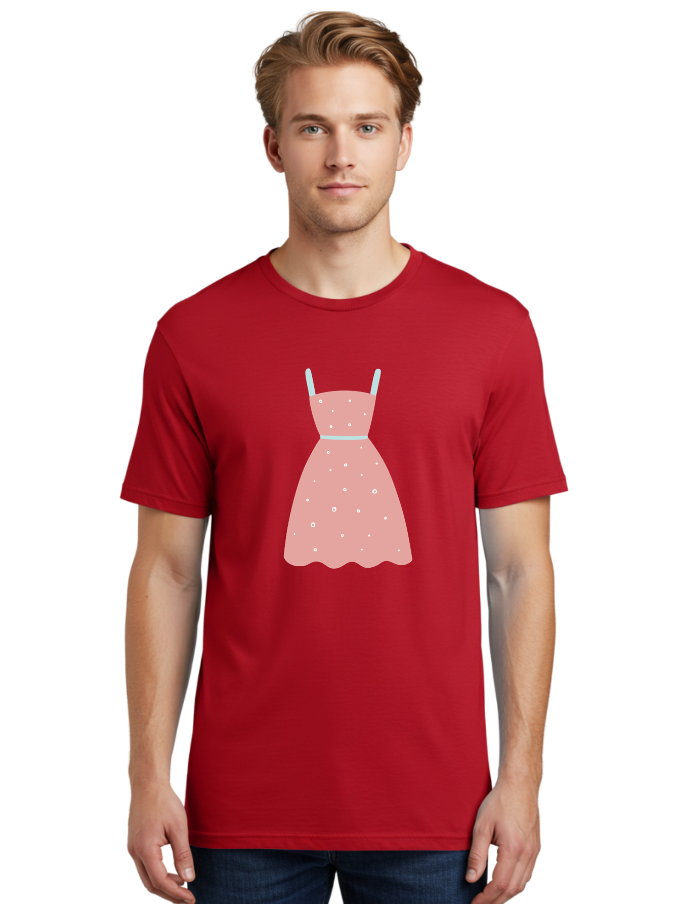 Polka-Dot-Dress Men'S Graphic Tee, 100% Cotton, Comfortable Casual Summer Wear, Machine Washable, Pink Dress, Polka Dot Pattern, Feminine Fashion, Elegant Design, White Accents, Stylish Clothing, Retro Style, Women'S Wear, Polka Dot Dress Aac085 28