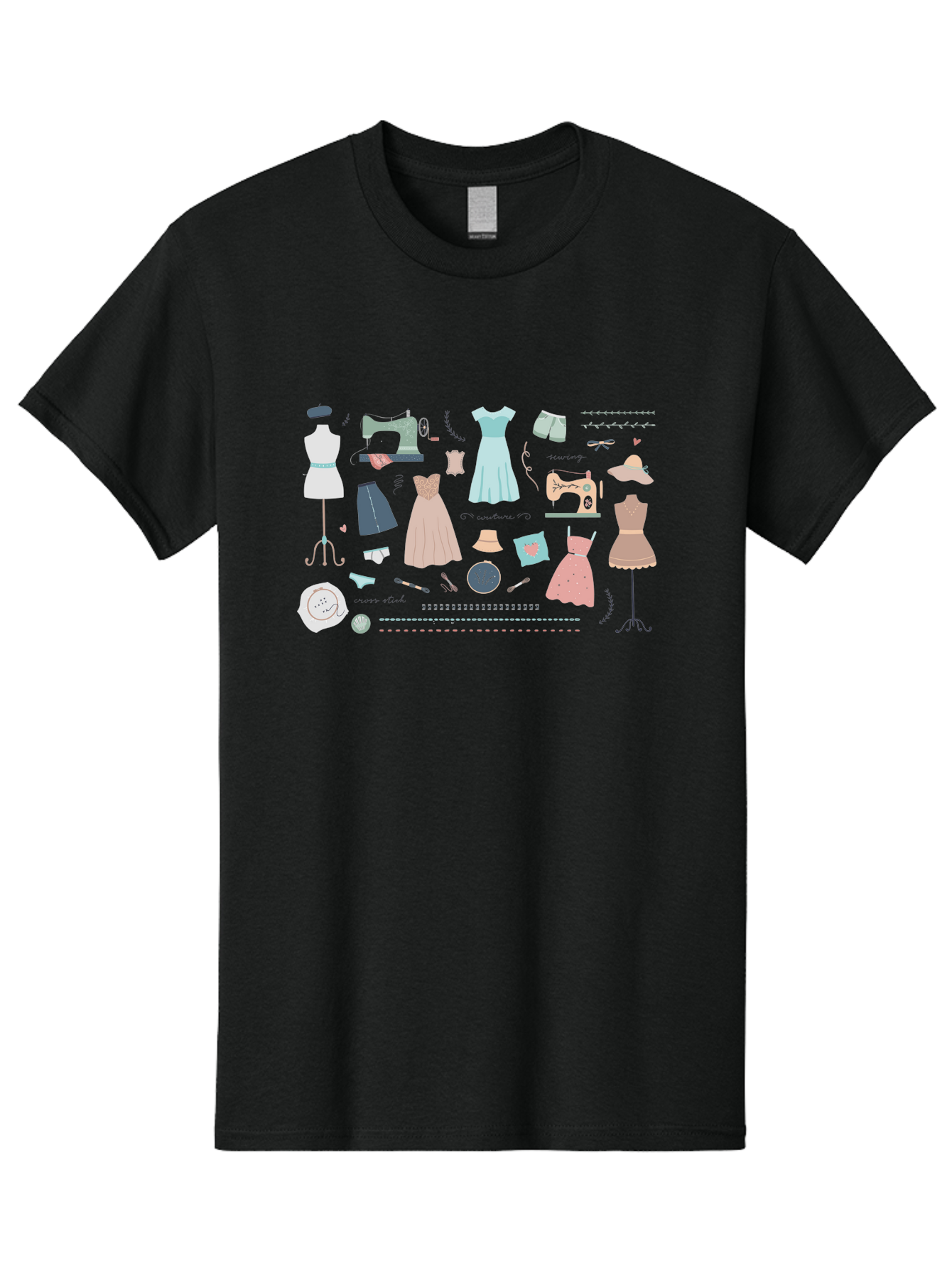 Sewing-Clipart Men'S Graphic Tee, 100% Cotton, Comfortable Casual Summer Wear, Machine Washable, Dresses, Sewing Machines, Mannequins, Fashion Design, Textile Art, Sewing Tools, Threads, Buttons, Fashion Illustration, Custom Clothing, Aac098 3