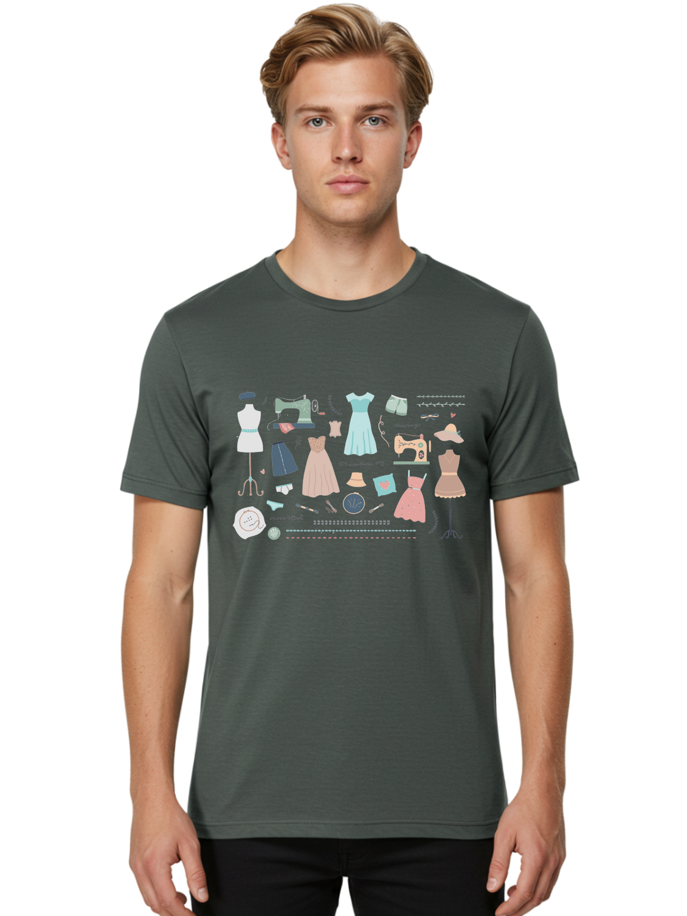 Sewing-Clipart Men'S Graphic Tee, 100% Cotton, Comfortable Casual Summer Wear, Machine Washable, Dresses, Sewing Machines, Mannequins, Fashion Design, Textile Art, Sewing Tools, Threads, Buttons, Fashion Illustration, Custom Clothing, Aac098 28