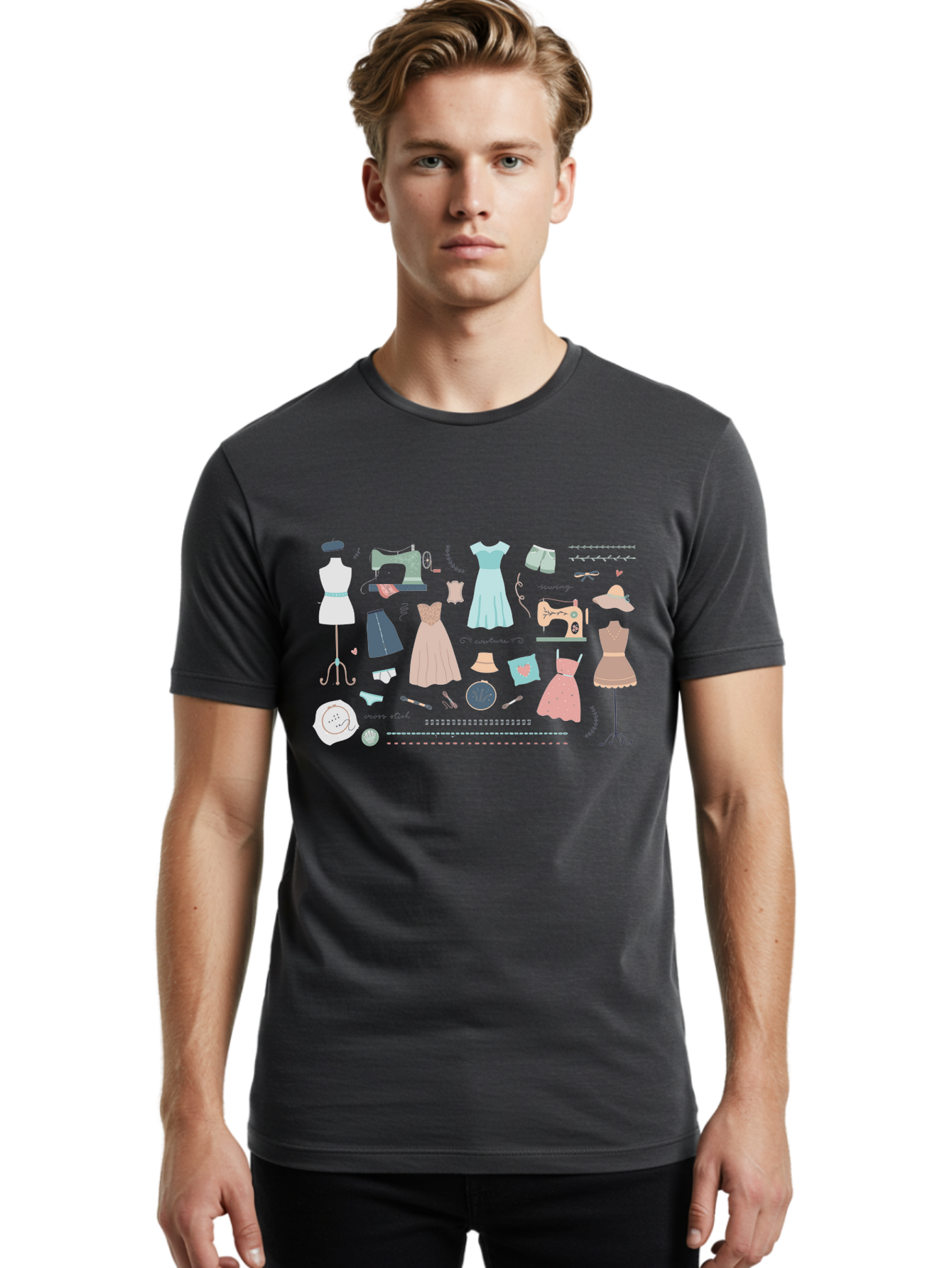 Sewing-Clipart Men'S Graphic Tee, 100% Cotton, Comfortable Casual Summer Wear, Machine Washable, Dresses, Sewing Machines, Mannequins, Fashion Design, Textile Art, Sewing Tools, Threads, Buttons, Fashion Illustration, Custom Clothing, Aac098 12