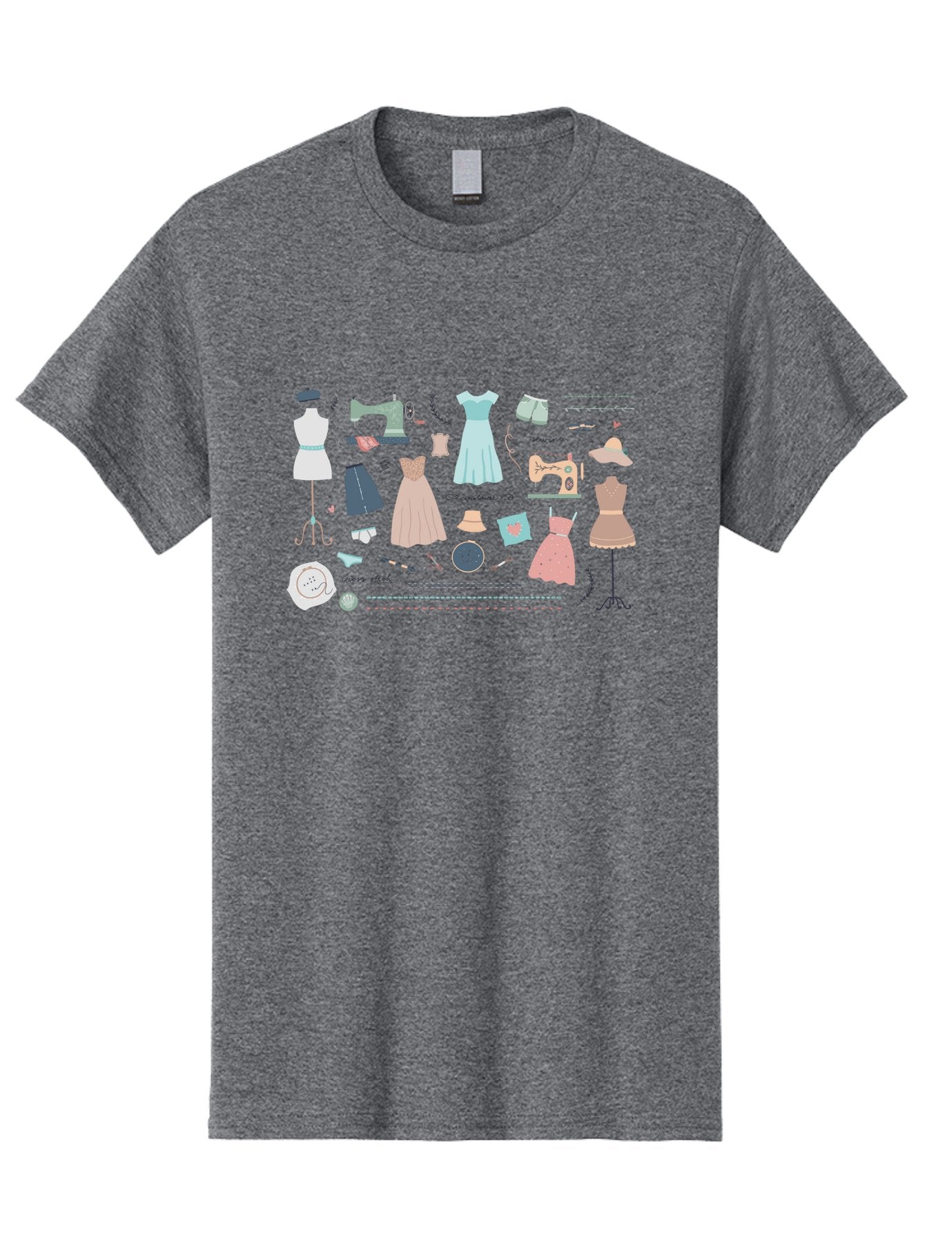Sewing-Clipart Men'S Graphic Tee, 100% Cotton, Comfortable Casual Summer Wear, Machine Washable, Dresses, Sewing Machines, Mannequins, Fashion Design, Textile Art, Sewing Tools, Threads, Buttons, Fashion Illustration, Custom Clothing, Aac098