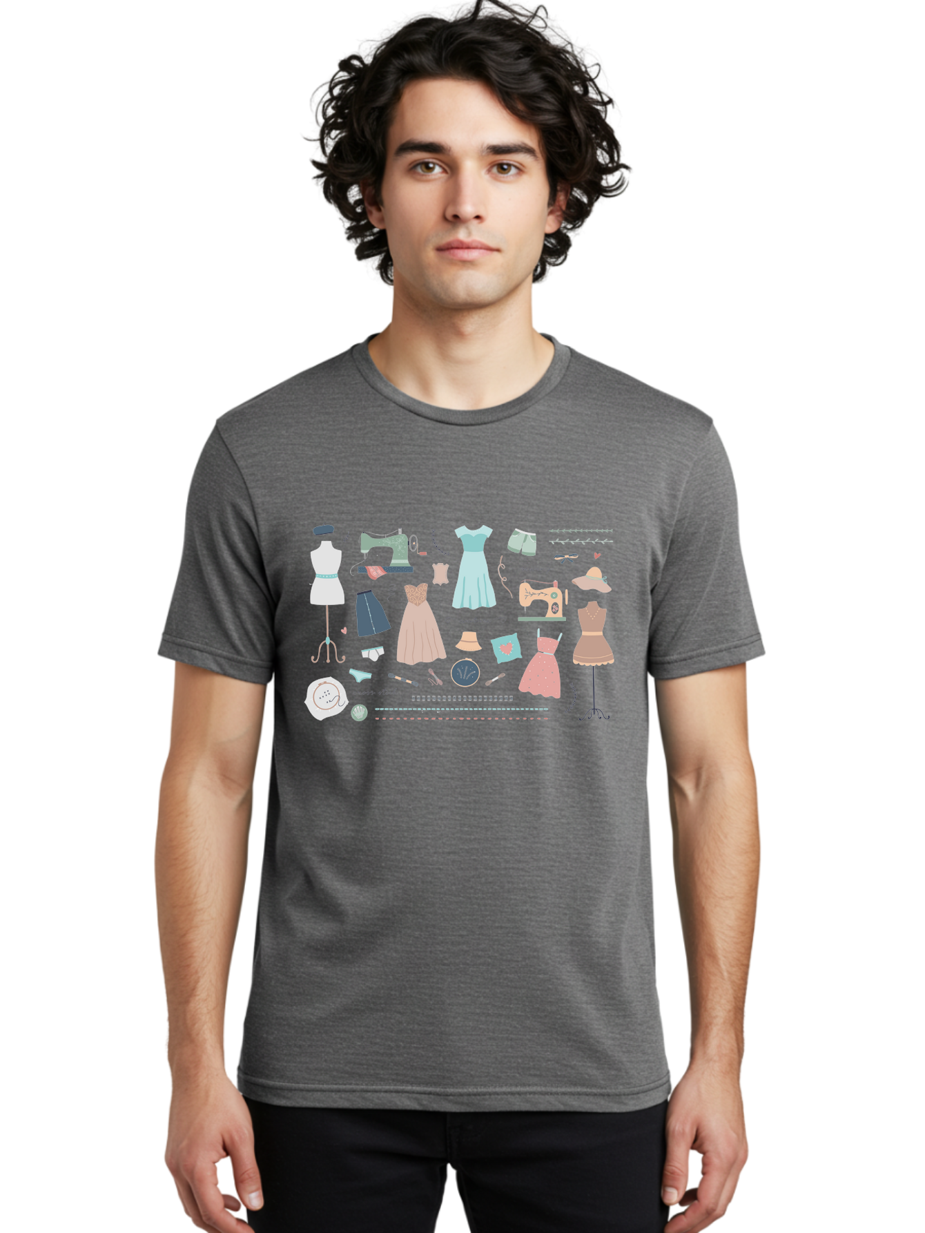 Sewing-Clipart Men'S Graphic Tee, 100% Cotton, Comfortable Casual Summer Wear, Machine Washable, Dresses, Sewing Machines, Mannequins, Fashion Design, Textile Art, Sewing Tools, Threads, Buttons, Fashion Illustration, Custom Clothing, Aac098 20