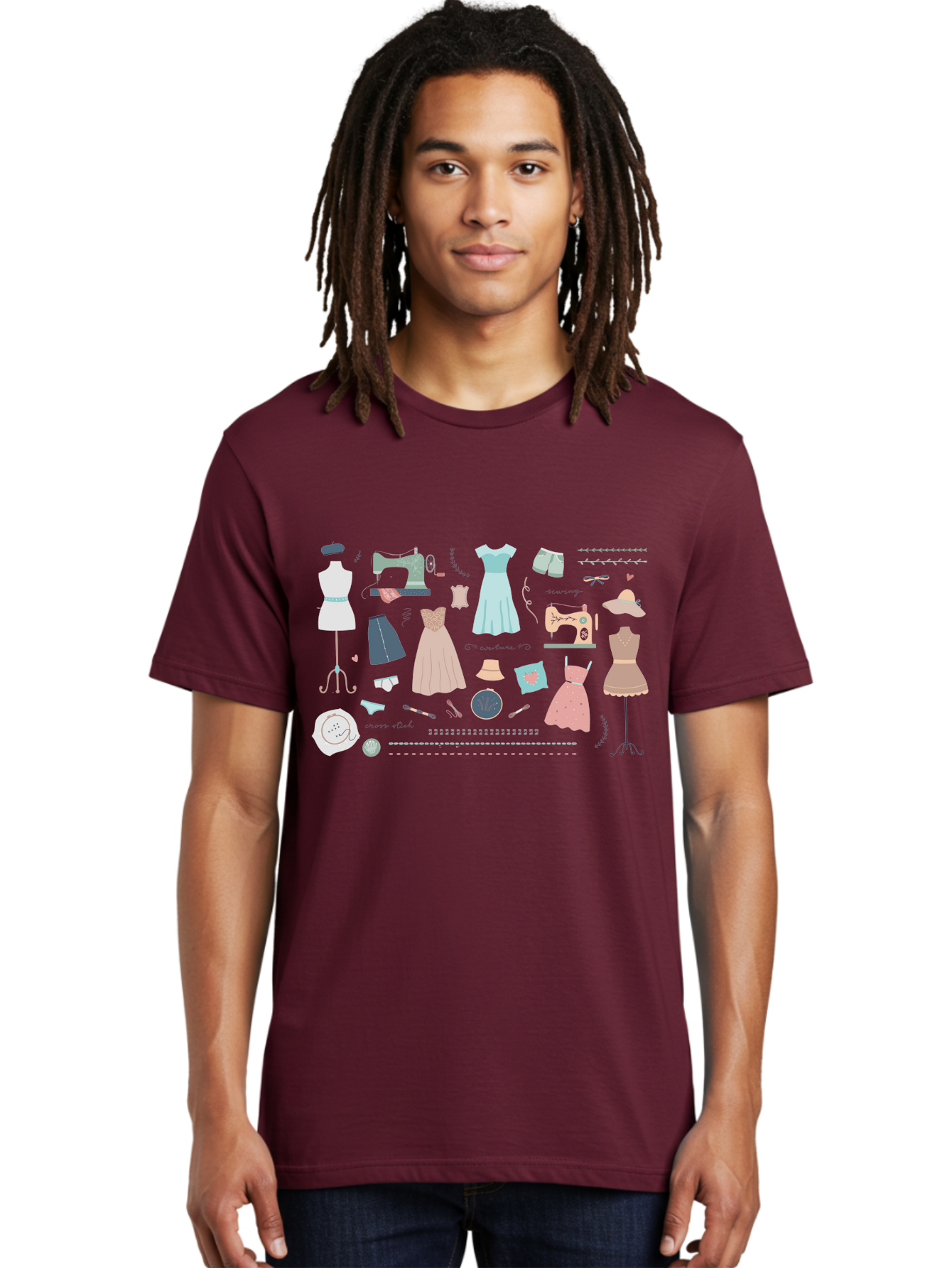 Sewing-Clipart Men'S Graphic Tee, 100% Cotton, Comfortable Casual Summer Wear, Machine Washable, Dresses, Sewing Machines, Mannequins, Fashion Design, Textile Art, Sewing Tools, Threads, Buttons, Fashion Illustration, Custom Clothing, Aac098 8