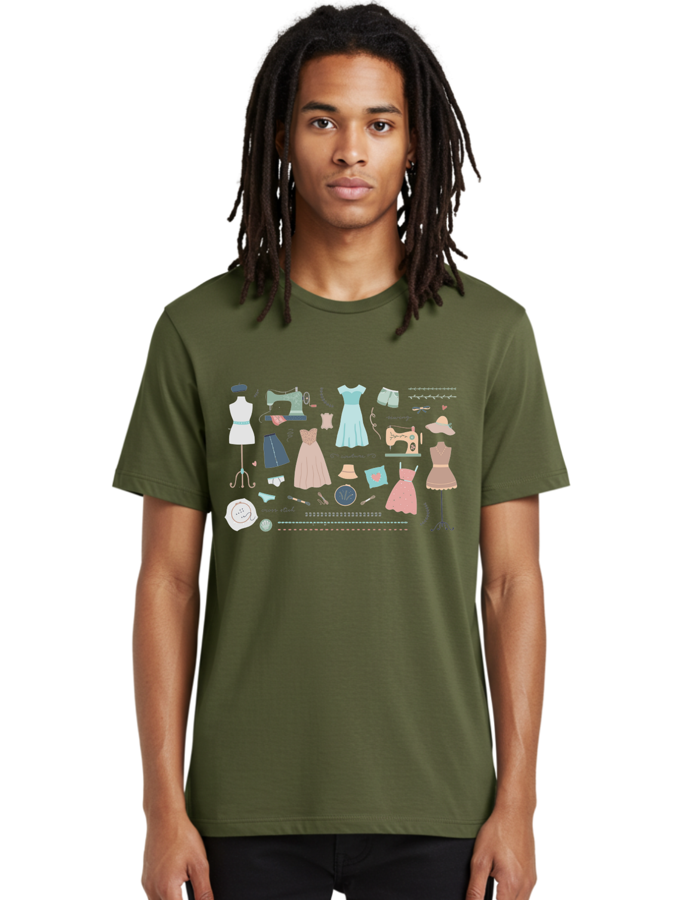 Sewing-Clipart Men'S Graphic Tee, 100% Cotton, Comfortable Casual Summer Wear, Machine Washable, Dresses, Sewing Machines, Mannequins, Fashion Design, Textile Art, Sewing Tools, Threads, Buttons, Fashion Illustration, Custom Clothing, Aac098 16